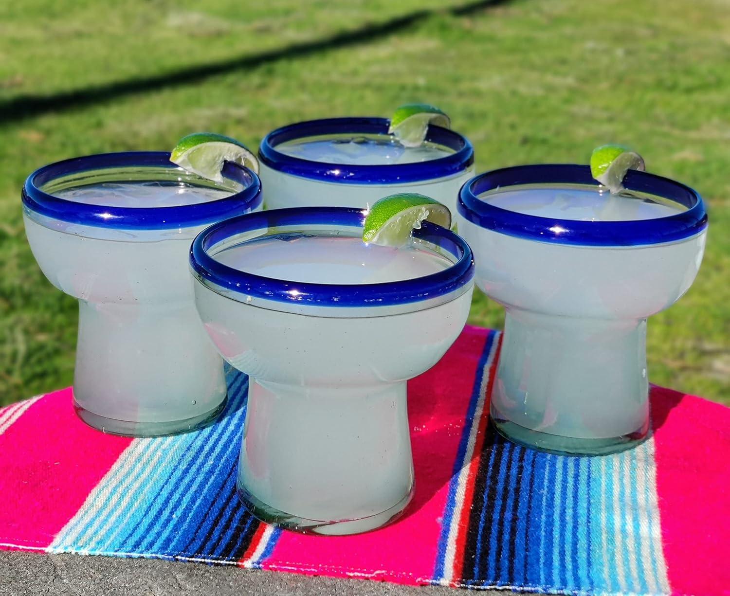 Dos Suenos Mexican Hand Blown Glass  Set of 4 Hand Blown Stemless Blue Rim Margarita Glasses 14oz