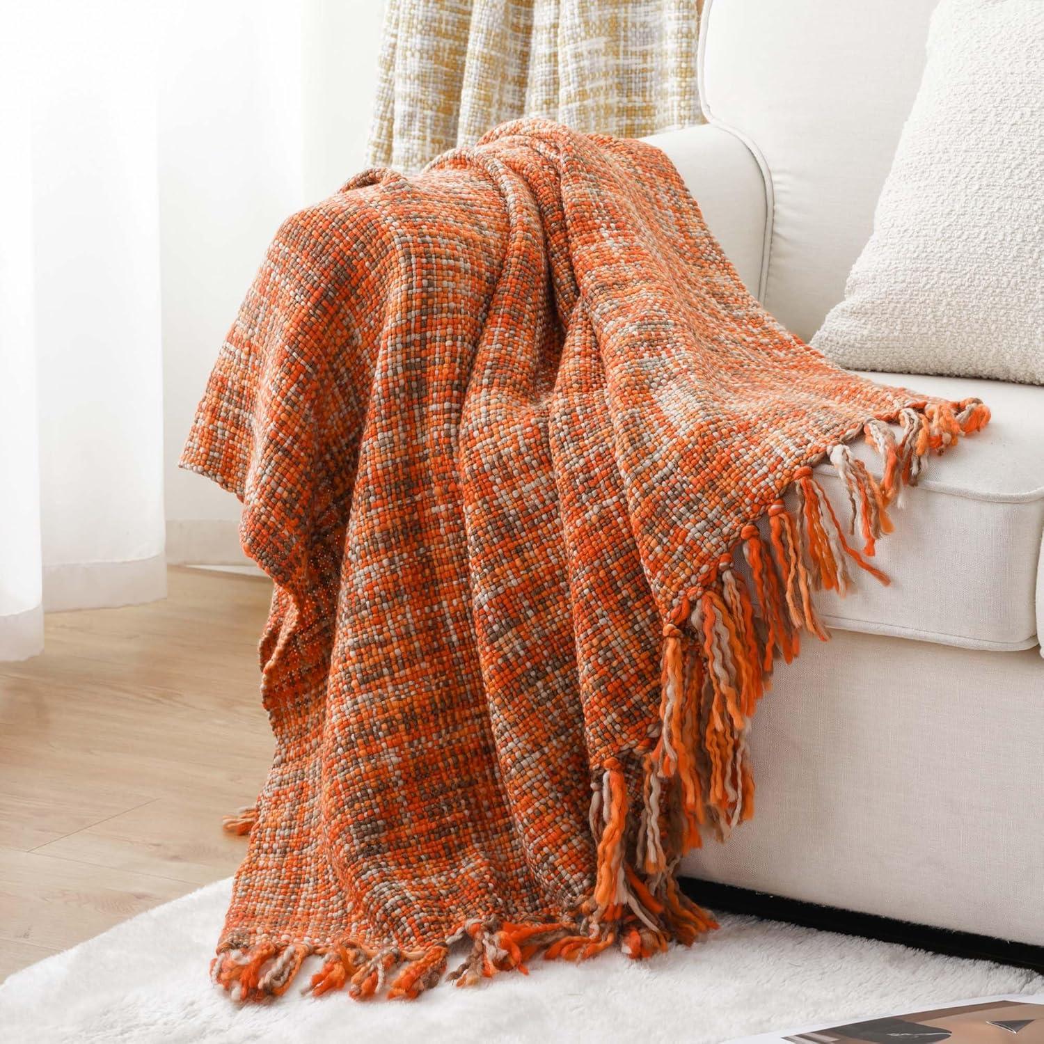 Battilo Home Rust Orange Throw Blanket For Couch, Bed, Boho Colorful Throw With Tassels, Halloween Decor, Fall Home Decor, 50"X60"
