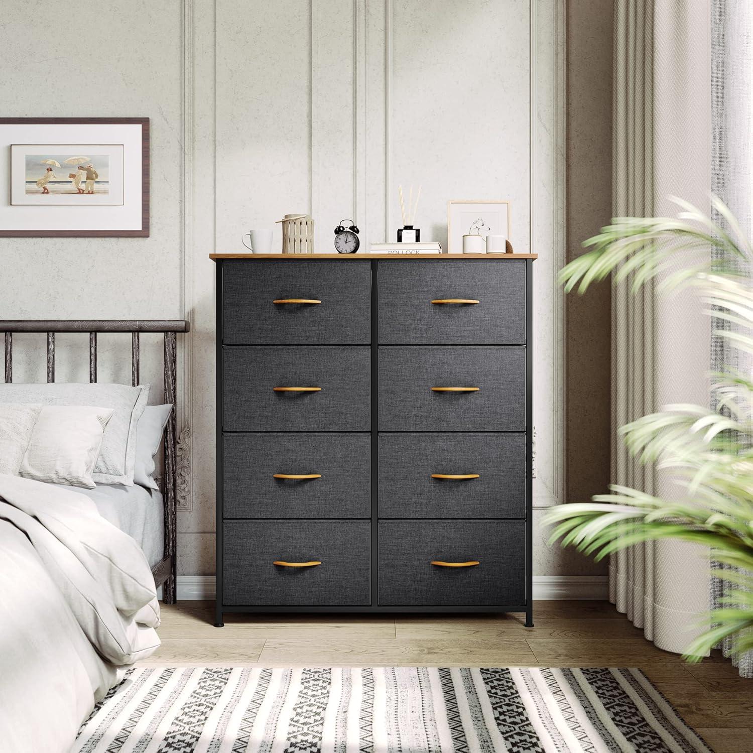 8 Drawers Dresser Fabric Storage Tower Wooden Top for Bedroom Graphite Gray