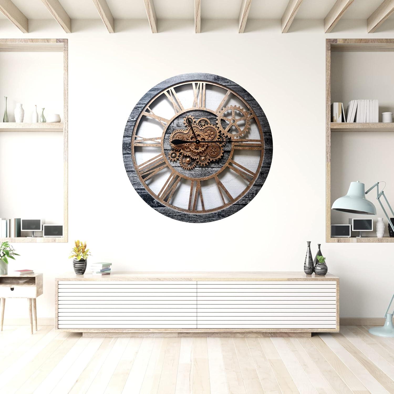 The Gears Clock Wall Clock 36" Round Oversized for Living Room decor with Real Moving Gears America Collection