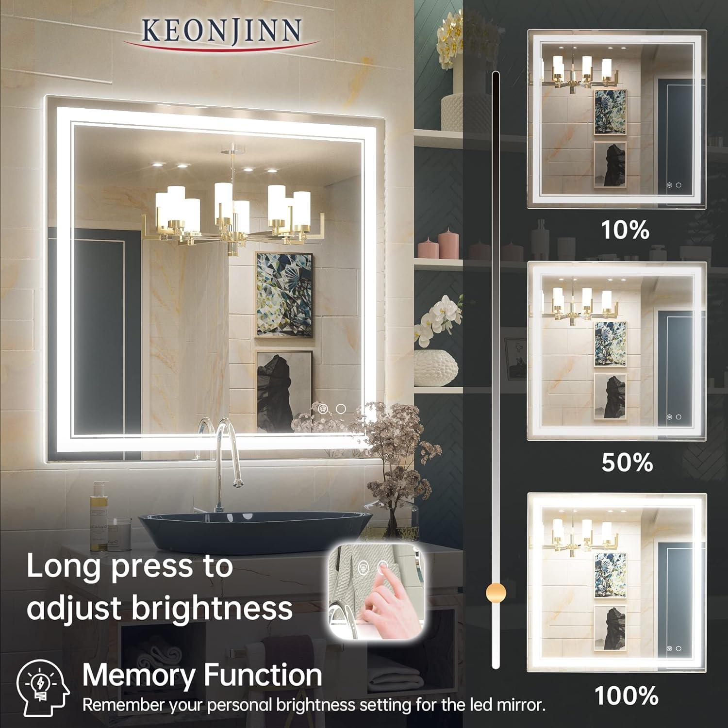 Keonjinn 36 x 36 inch LED Mirror, Bathroom Mirror with Lights, Adjustable 3000K/4500K/6000K Lights, Front Lighted Vanity Mirror, Wall Mounted Anti-Fog Dimmable LED Makeup Mirror (Horizontal/Vertical)