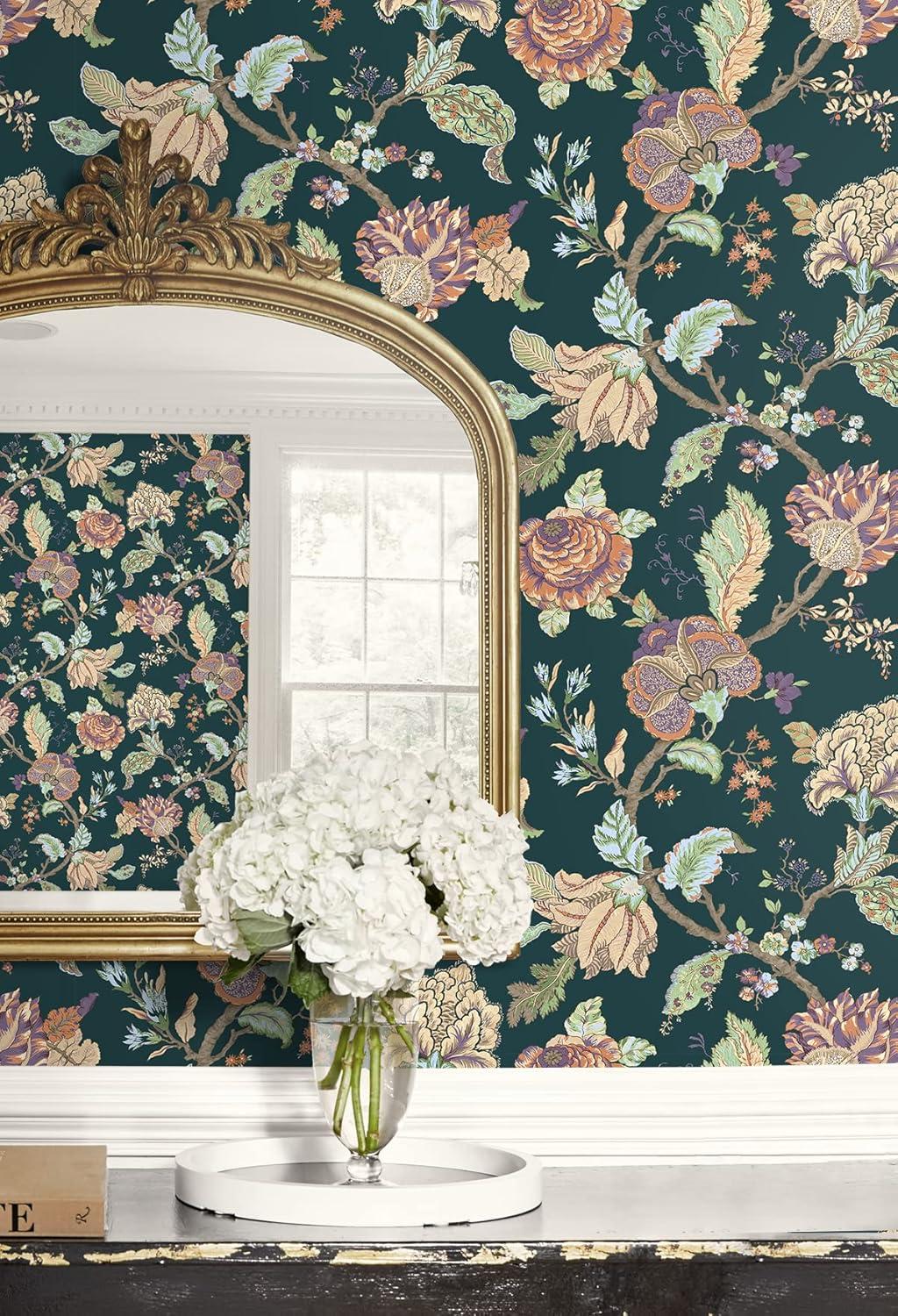 Seabrook Designs  Lana Jacobean Prepasted Wallpaper 20.5 in W x 33 ft. L - Victorian Jade