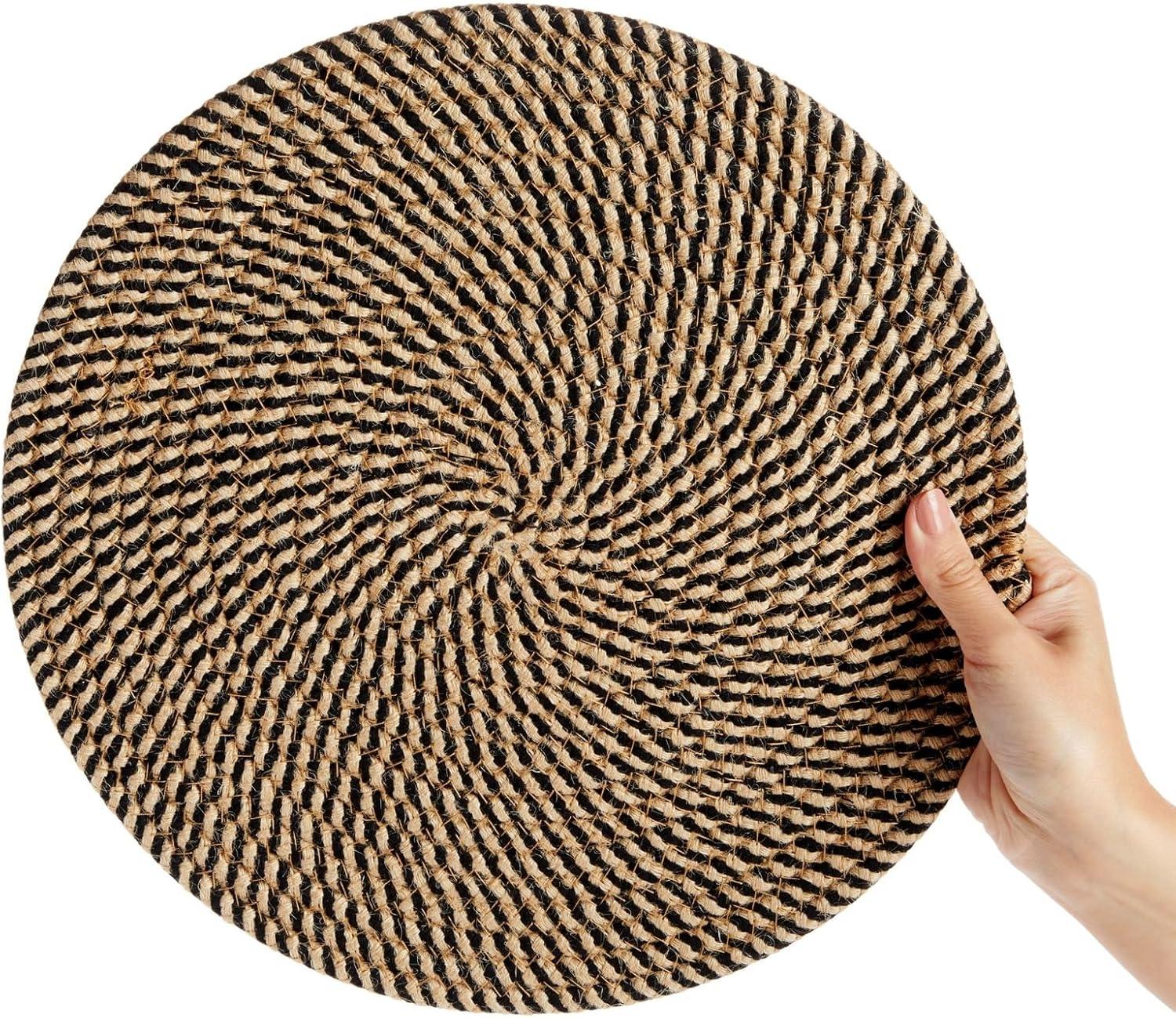 Set of 4 Blue and Tan Woven Jute Round Placemats