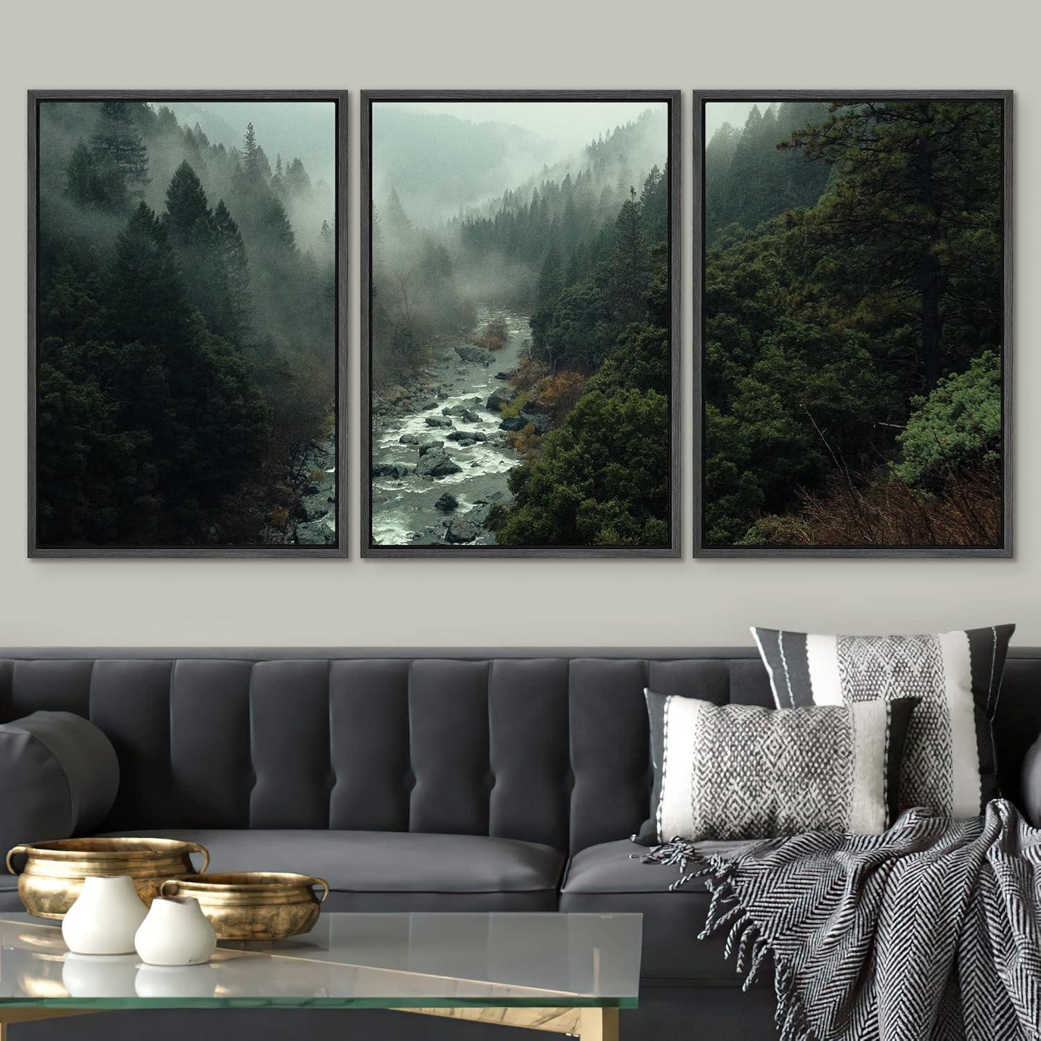 Misty Forest Landscape Moody Green River Nature Hazy Pictures Framed Canvas Print 3 Pieces Wall Art