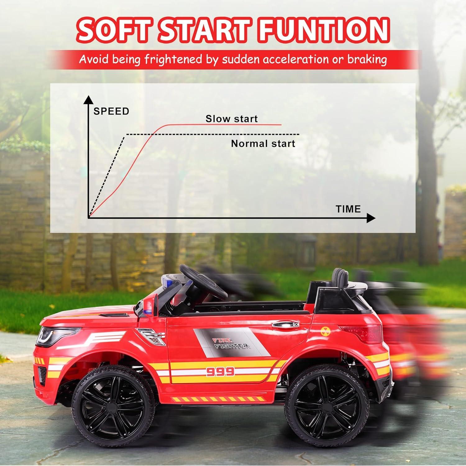 Immere 12V Fire Truck Ride on Battery Powered Electric Kids Car with Parental Remote Control, Siren, Flashing Lights, Music, Spring Suspension, Red