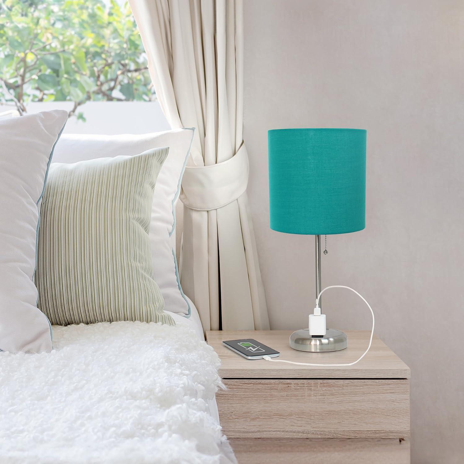 Teal Fabric Shade Brushed Steel Stick Table Lamp Set with Charging Outlet