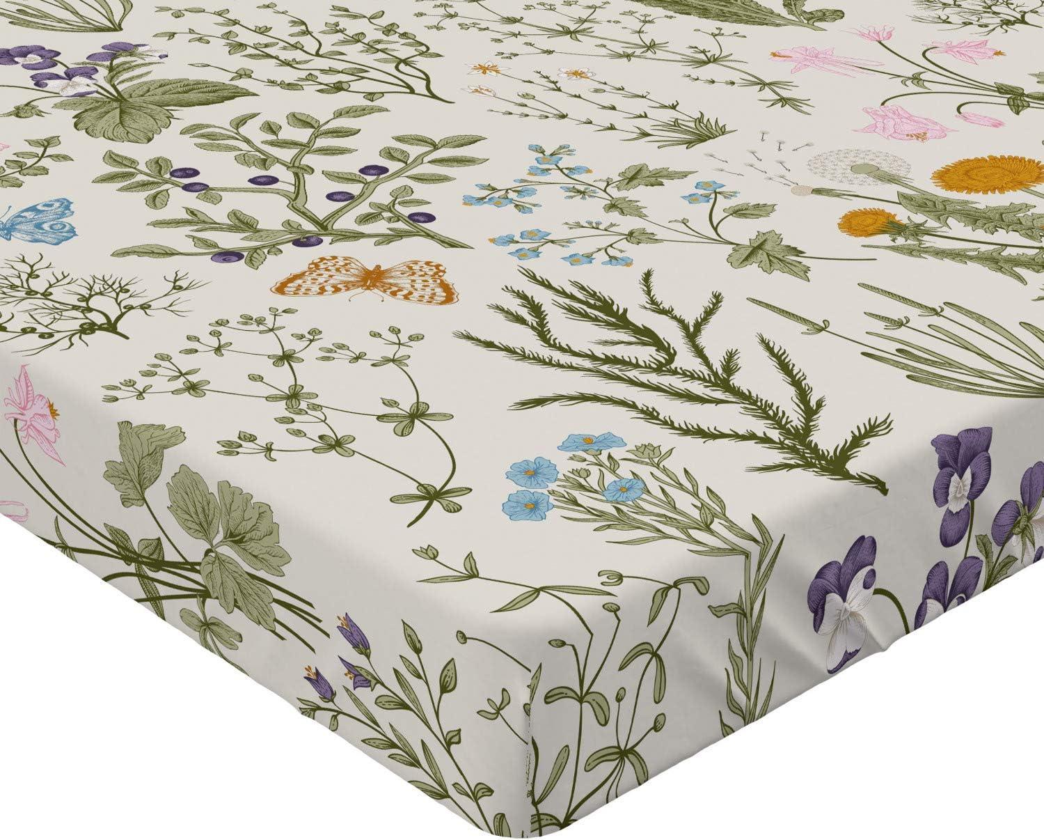 Ambesonne Floral Fitted Sheet, Vintage Garden Plants, Queen Size, Reseda Green Beige