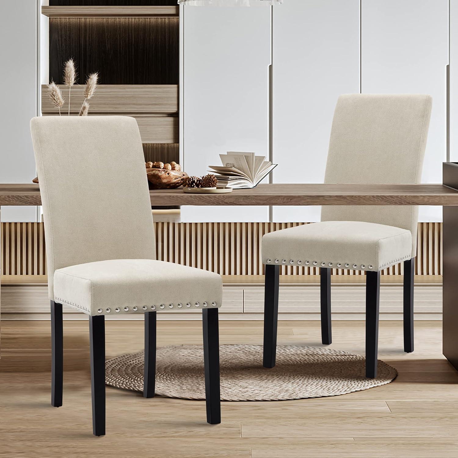 Costway Set of 2 Fabric Dining Chairs Upholstered with Nailhead Trim Beige