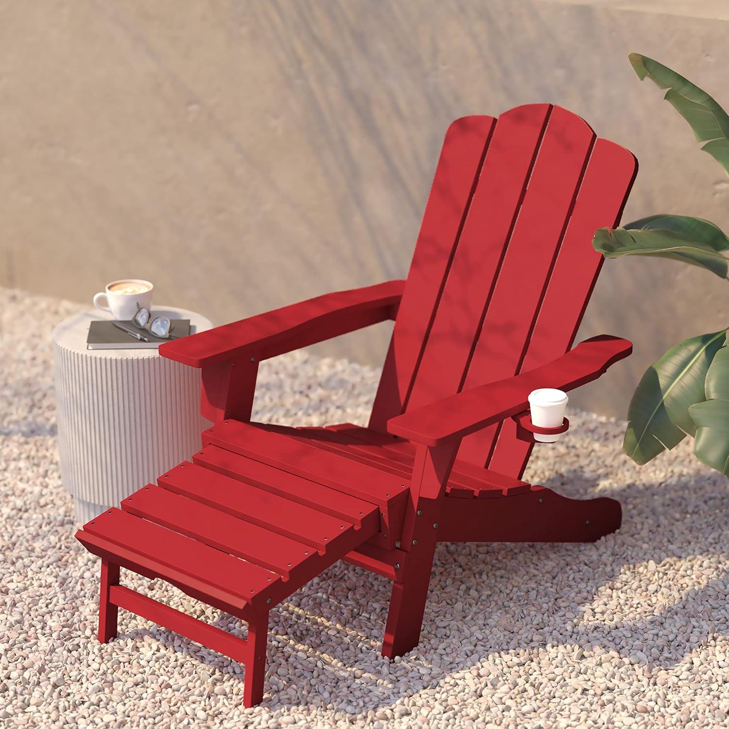 Flash Furniture Halifax HDPE Adirondack Chair with Cup Holder and Pull Out Ottoman, All-Weather HDPE Indoor/Outdoor Lounge Chair in Red