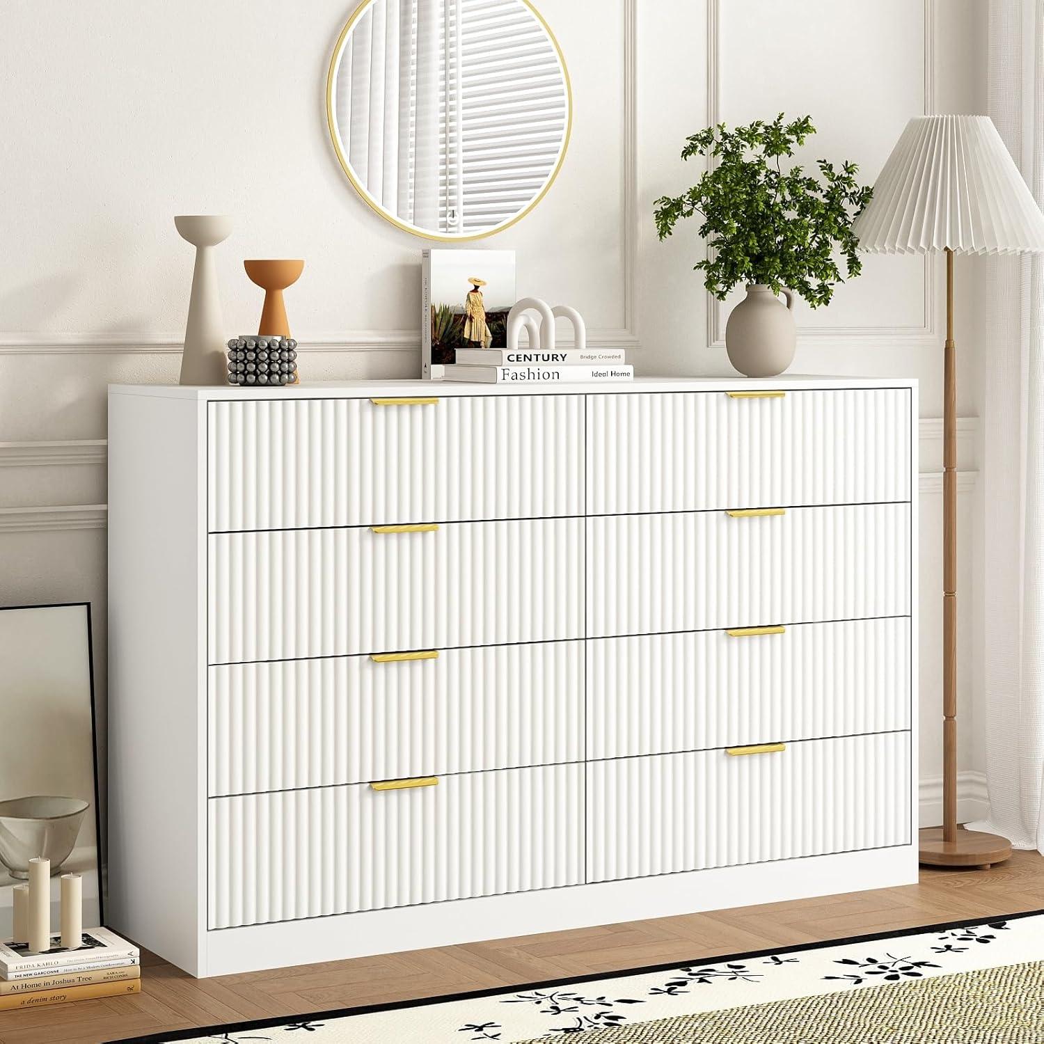 Fluted Dresser For Bedroom With 8 Drawers, 55" Wide Modern Chest Of Drawers With Metal Handle
