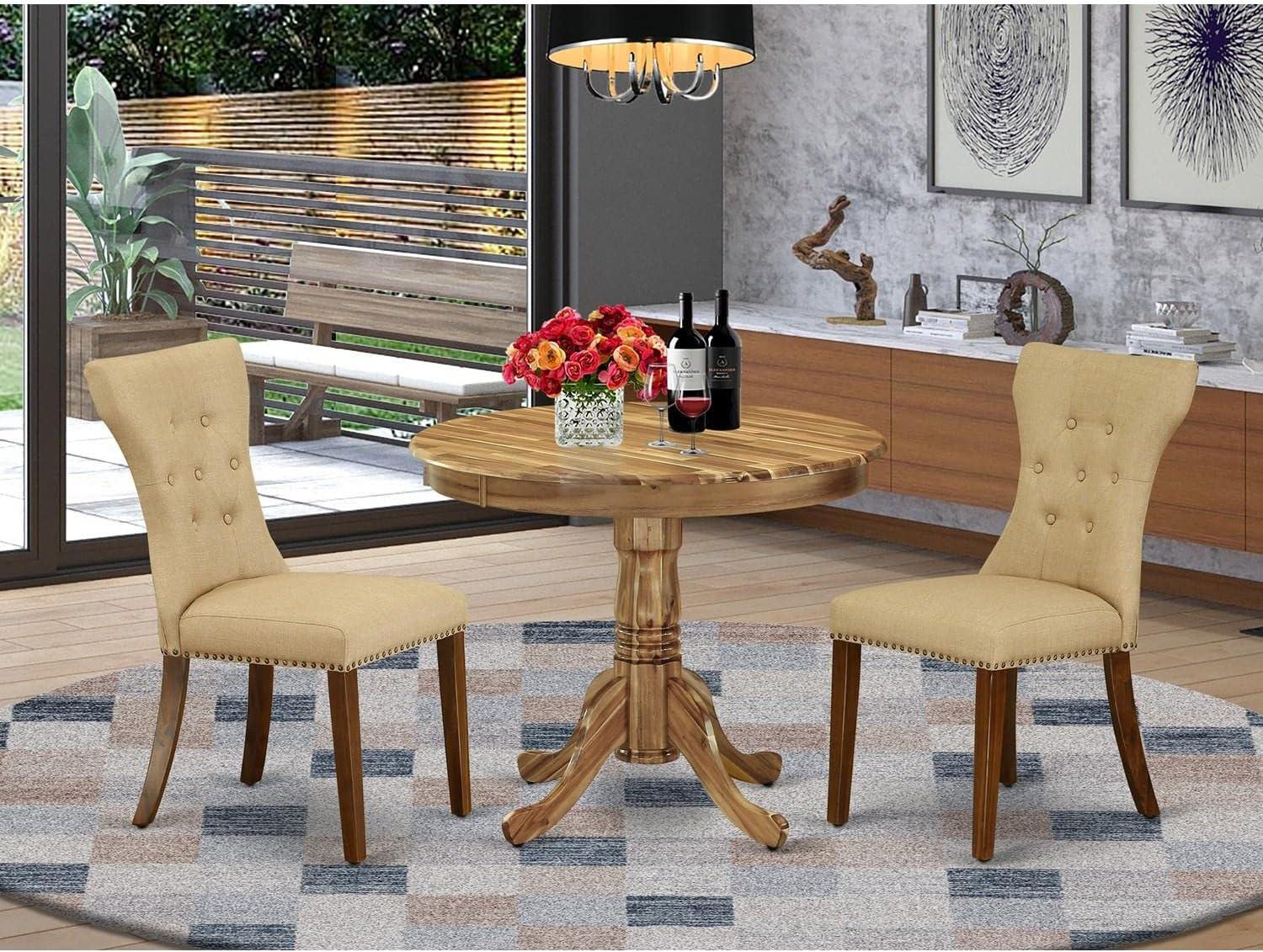 Natural Rubber Wood Round Dining Table Set with Beige Linen Chairs