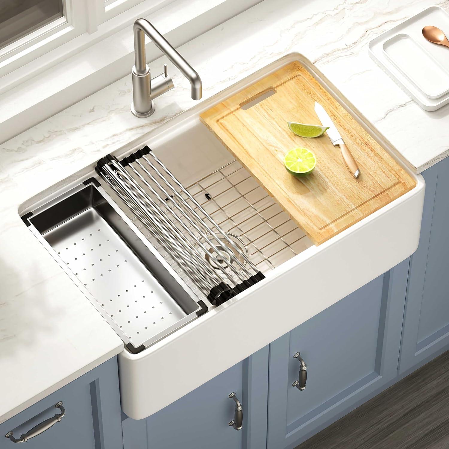 Pure 33 in. Workstation White Kitchen Sink Apron Front Fireclay Farmhouse Sink Single Bowl with Accessory Kit