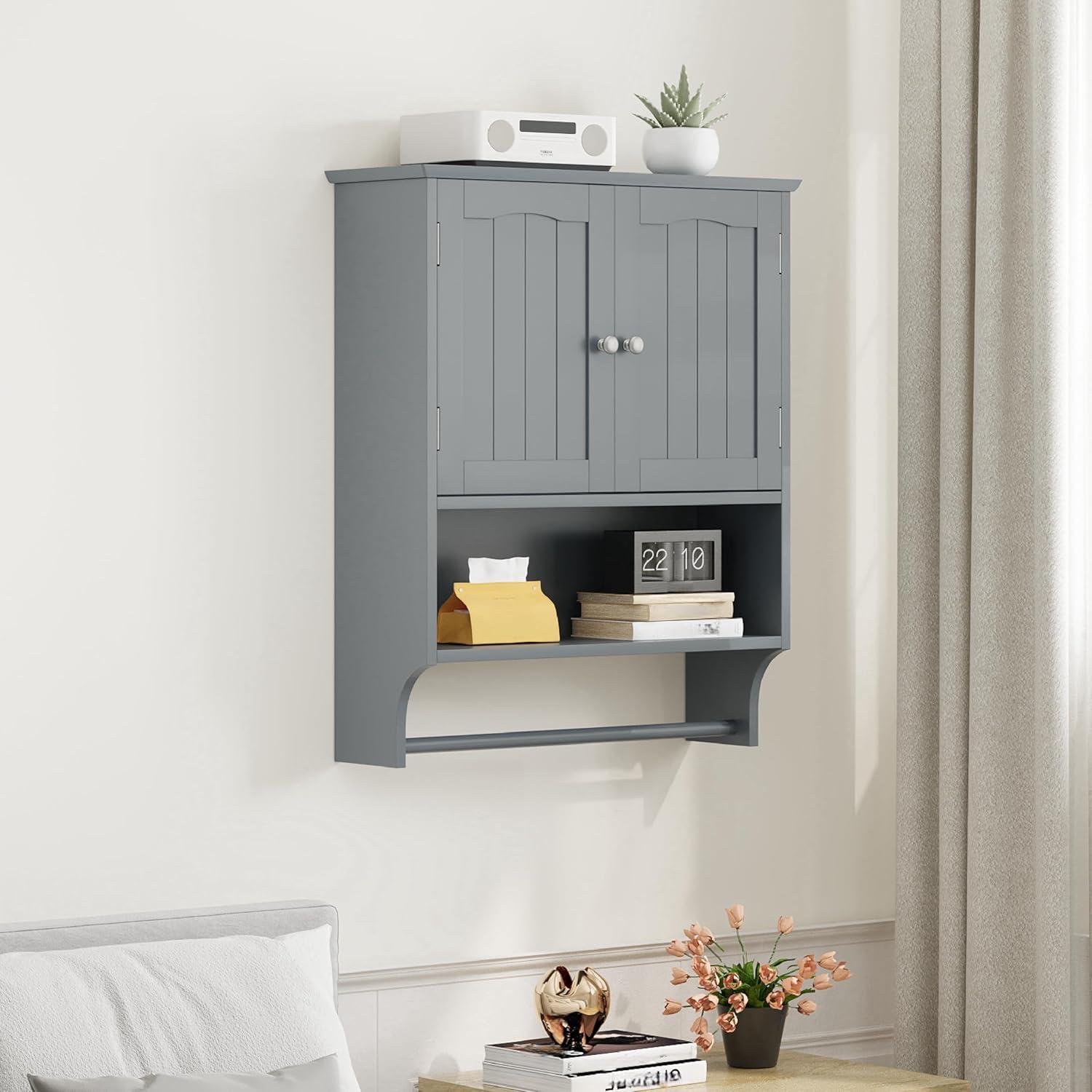 LOKO Wall Mounted Bathroom Cabinet with Towel Bar, Hanging Over The Toilet Storage Cabinet w/Adjustable Shelf, Medicine Cabinet Space-Saving Storage Organizer for Bathroom or Kitchen (Grey)