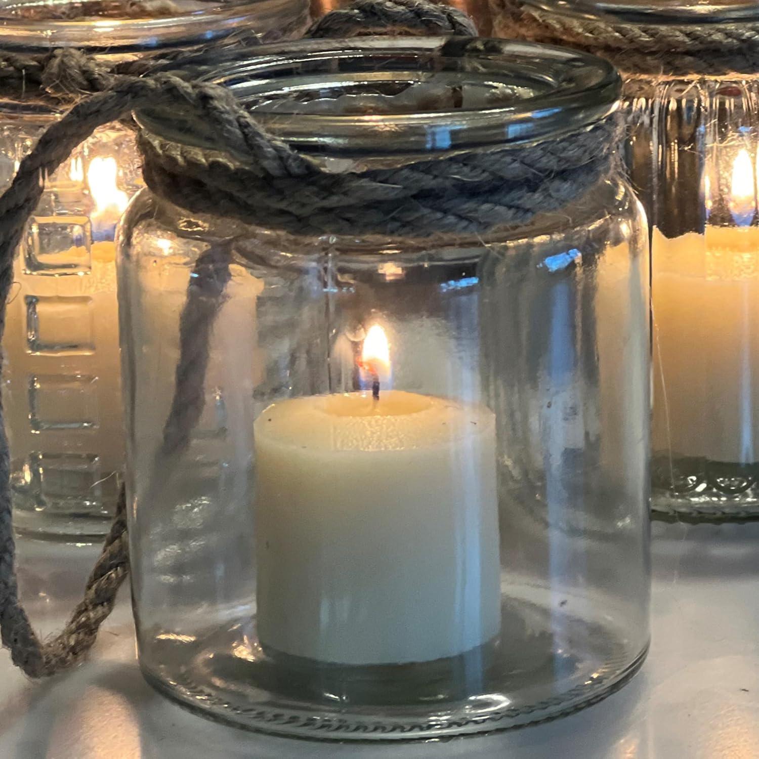 Beach Chic Nautical Rope Hurricane Lamps, Clear Glass Candle Holder, for LED or Wax Votive, Pillar or Tealights, Wind Light, Set of 5, 2 3/4 x 2 3/4 x 3 1/2 Inches