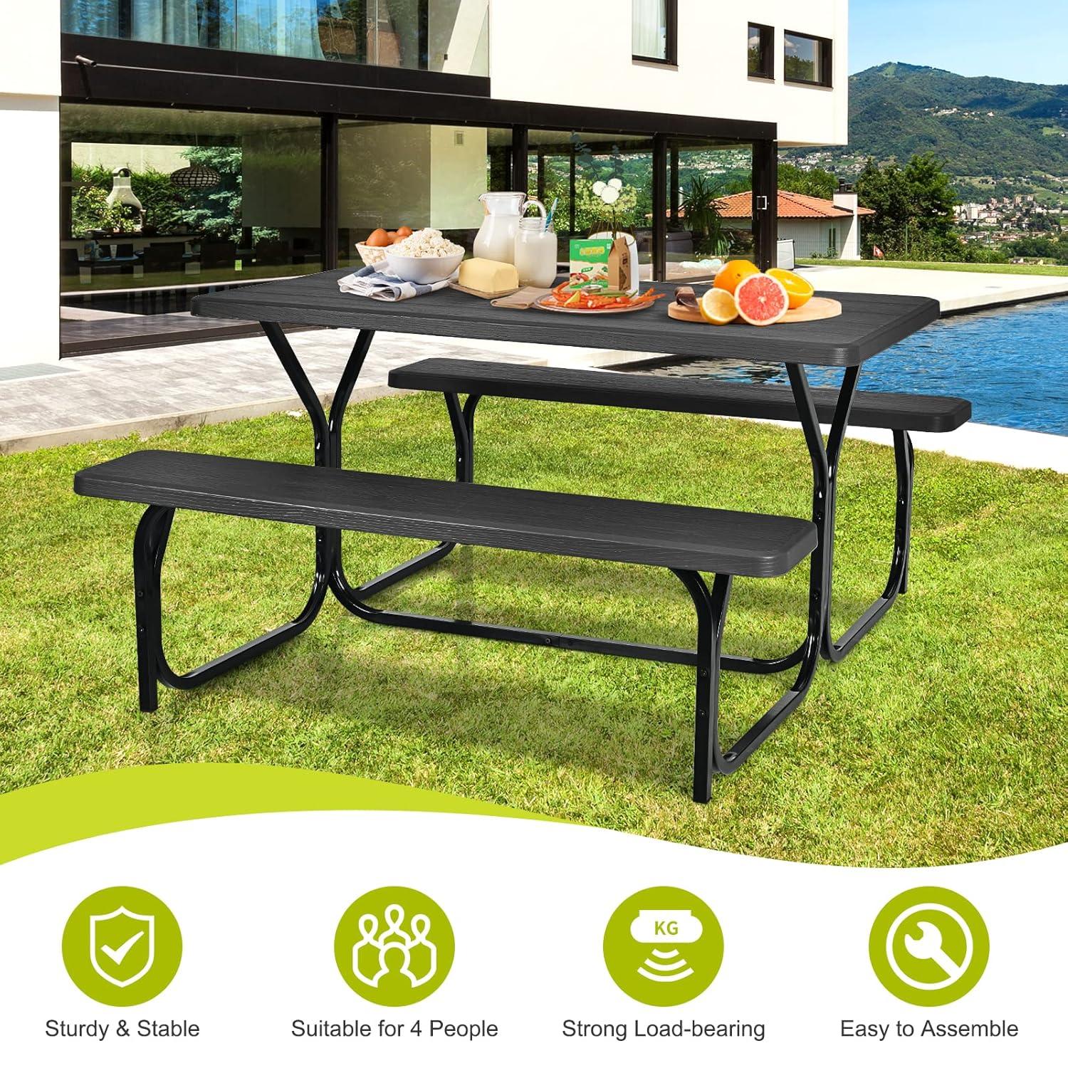 Costway Picnic Table Bench Set Outdoor Backyard Iron Patio Garden Party Dining All Weather Black