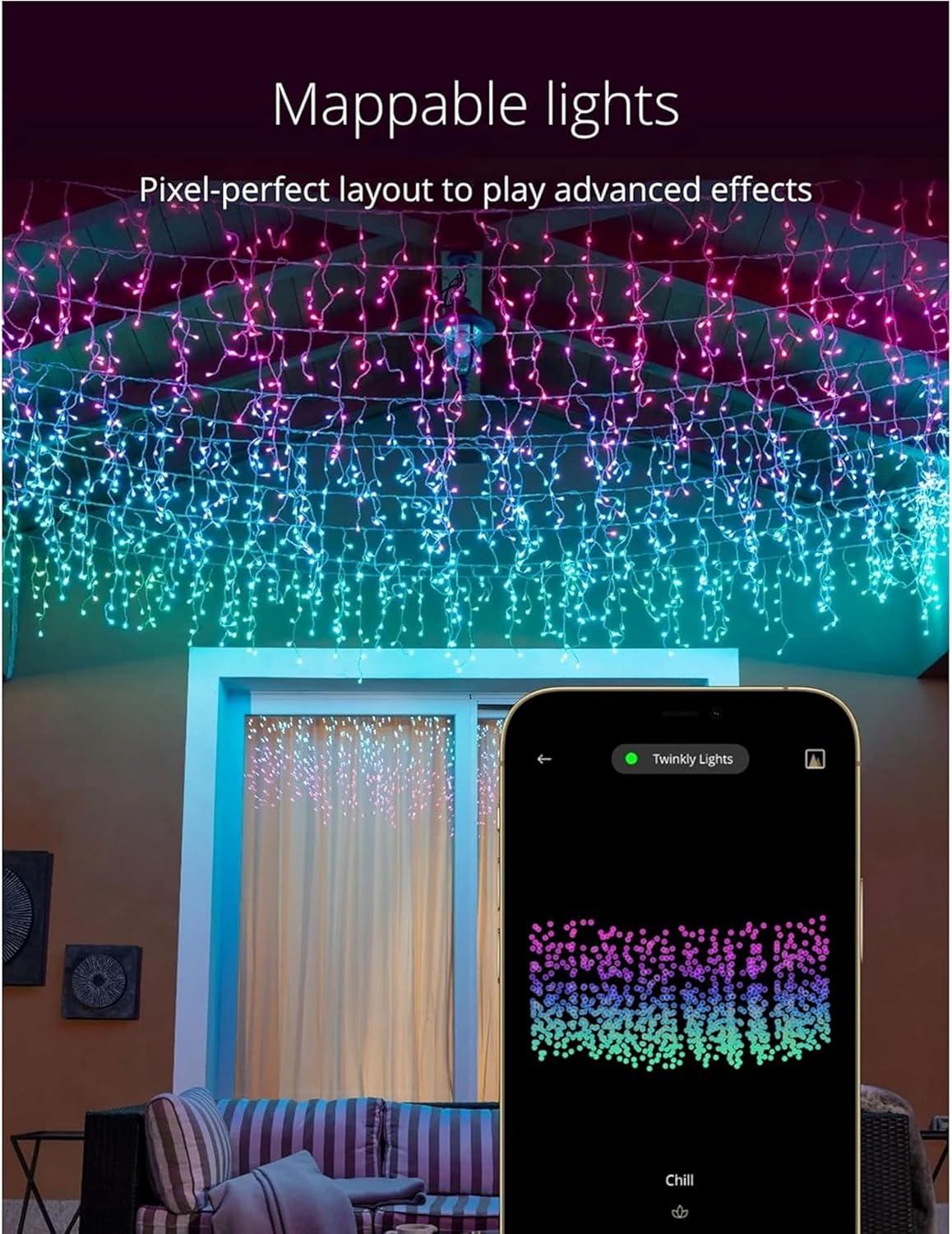 Twinkly Icicle App-Controlled LED Christmas Lights with 190 RGB (16 Million Colors) LEDs. Clear Wire. Indoor and Outdoor Smart Lighting Decoration