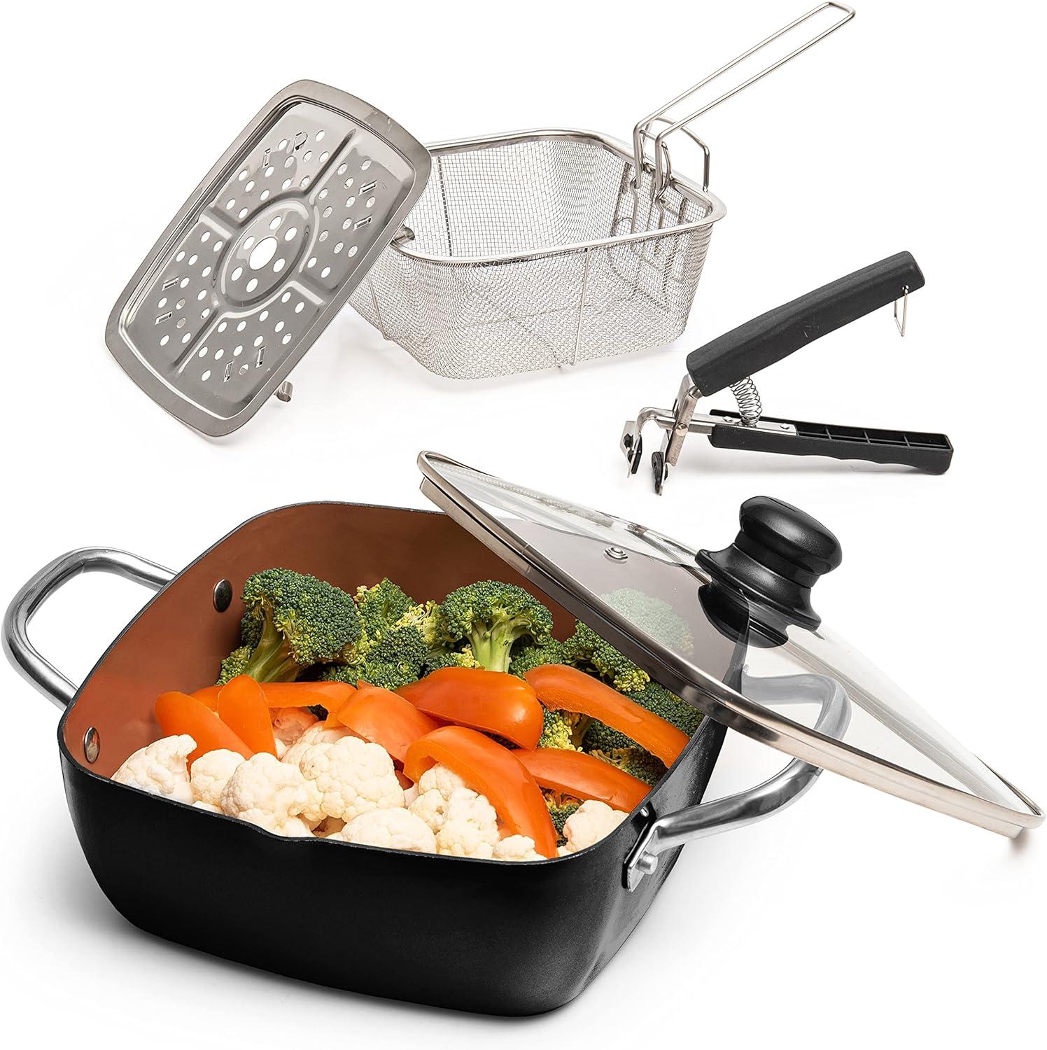Moss & Stone Copper 5 Piece Set Chef Cookware, 9.5” Non Stick Pan, Deep Square Pan, Fry Basket, Steamer Tray, Dishwasher & Oven Safe, 5 Quart Copper Pot Set, Black Induction Cookware Set