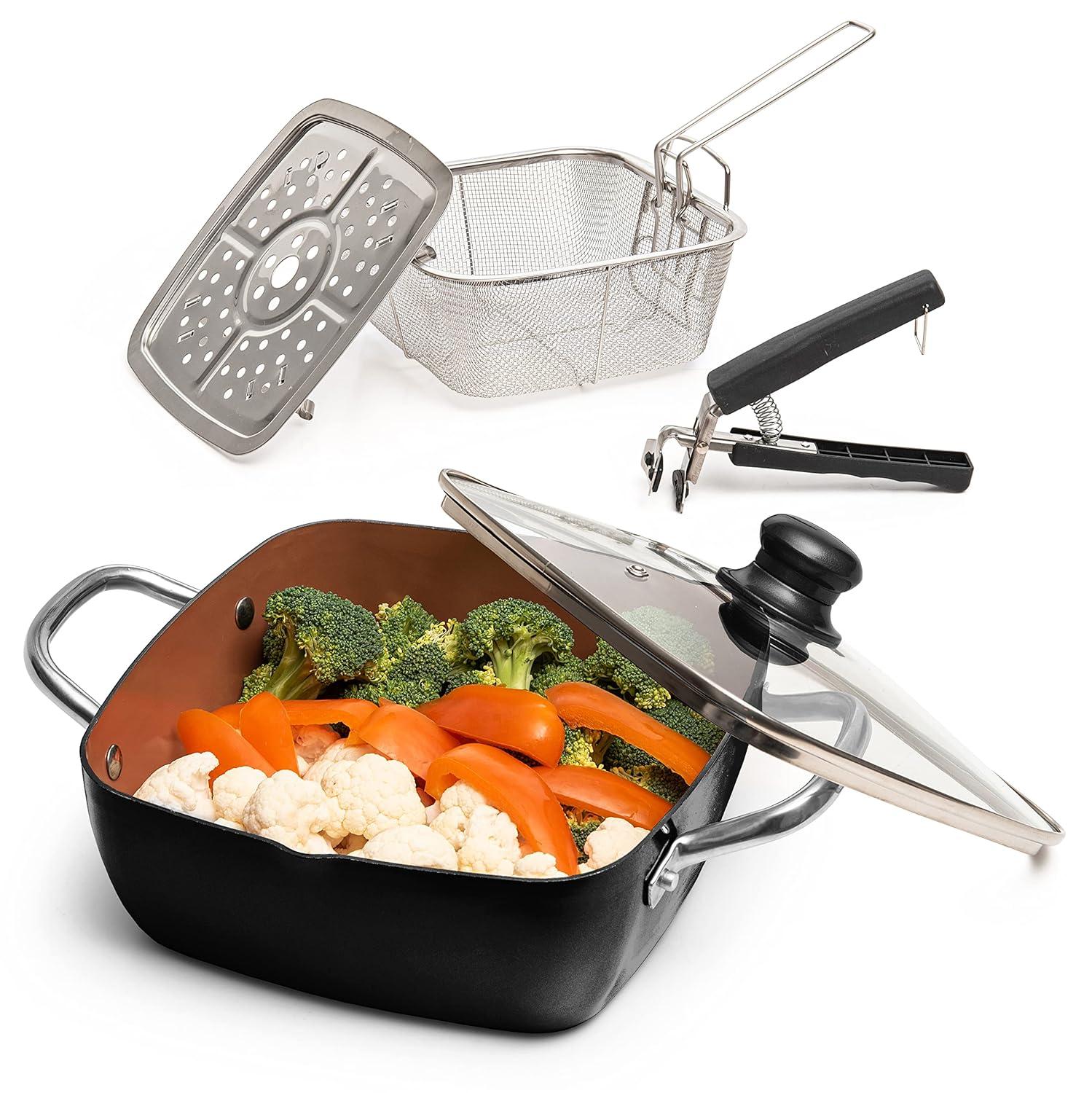 Moss & Stone Copper 5 Piece Set Chef Cookware, 9.5” Non Stick Pan, Deep Square Pan, Fry Basket, Steamer Tray, Dishwasher & Oven Safe, 5 Quart Copper Pot Set, Black Induction Cookware Set