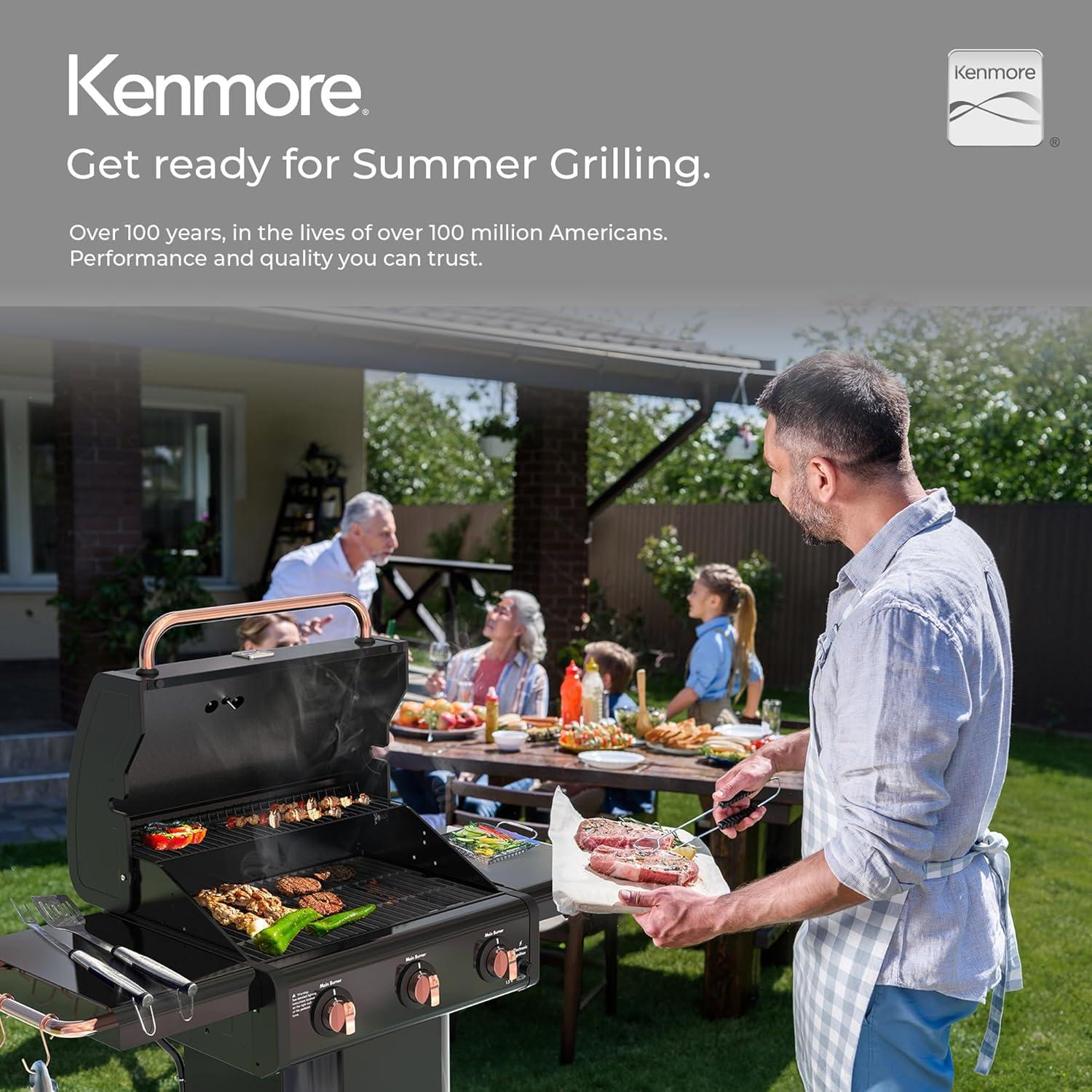 Kenmore 3-Burner Propane Gas Grill with Foldable Side Tables for Outdoor BBQ