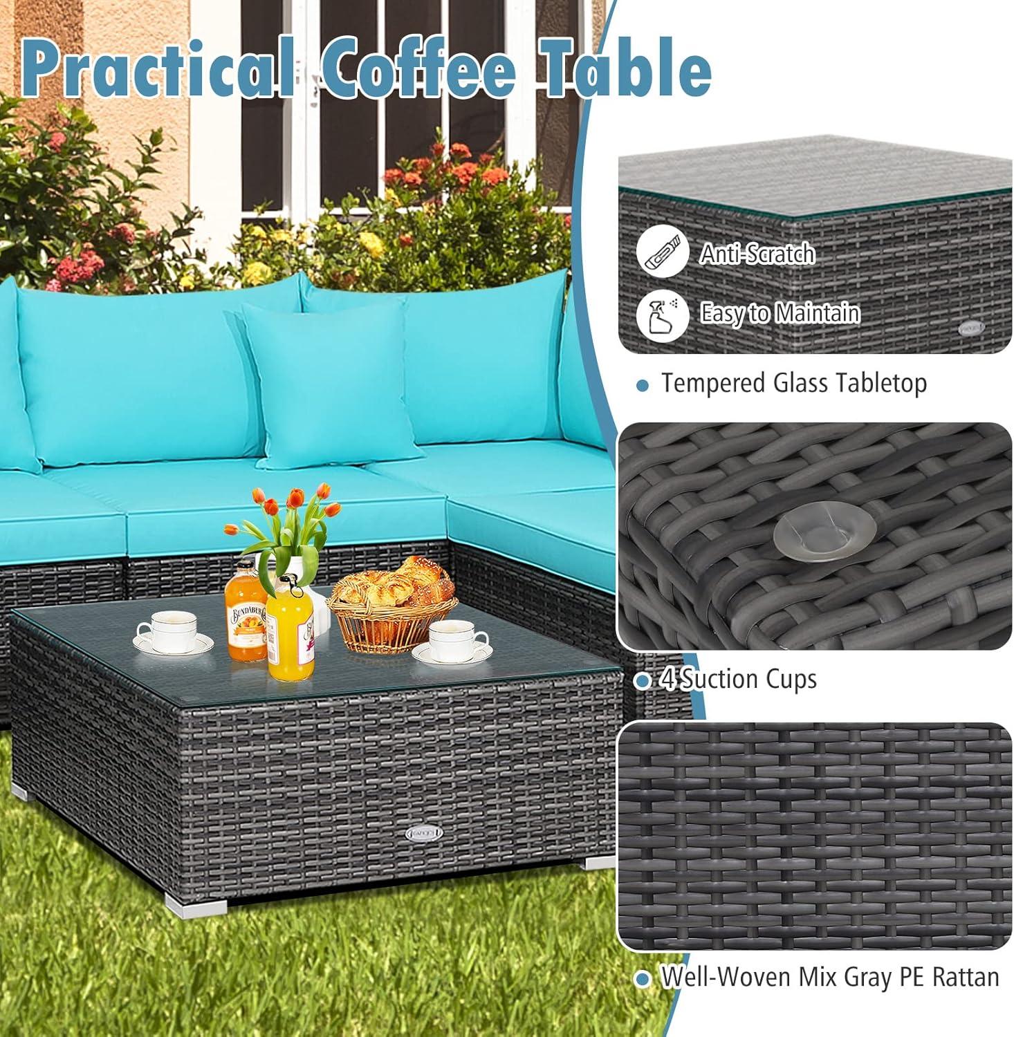Costway 7PCS Patio Rattan Furniture Set Sectional Sofa Cushioned Turquoise