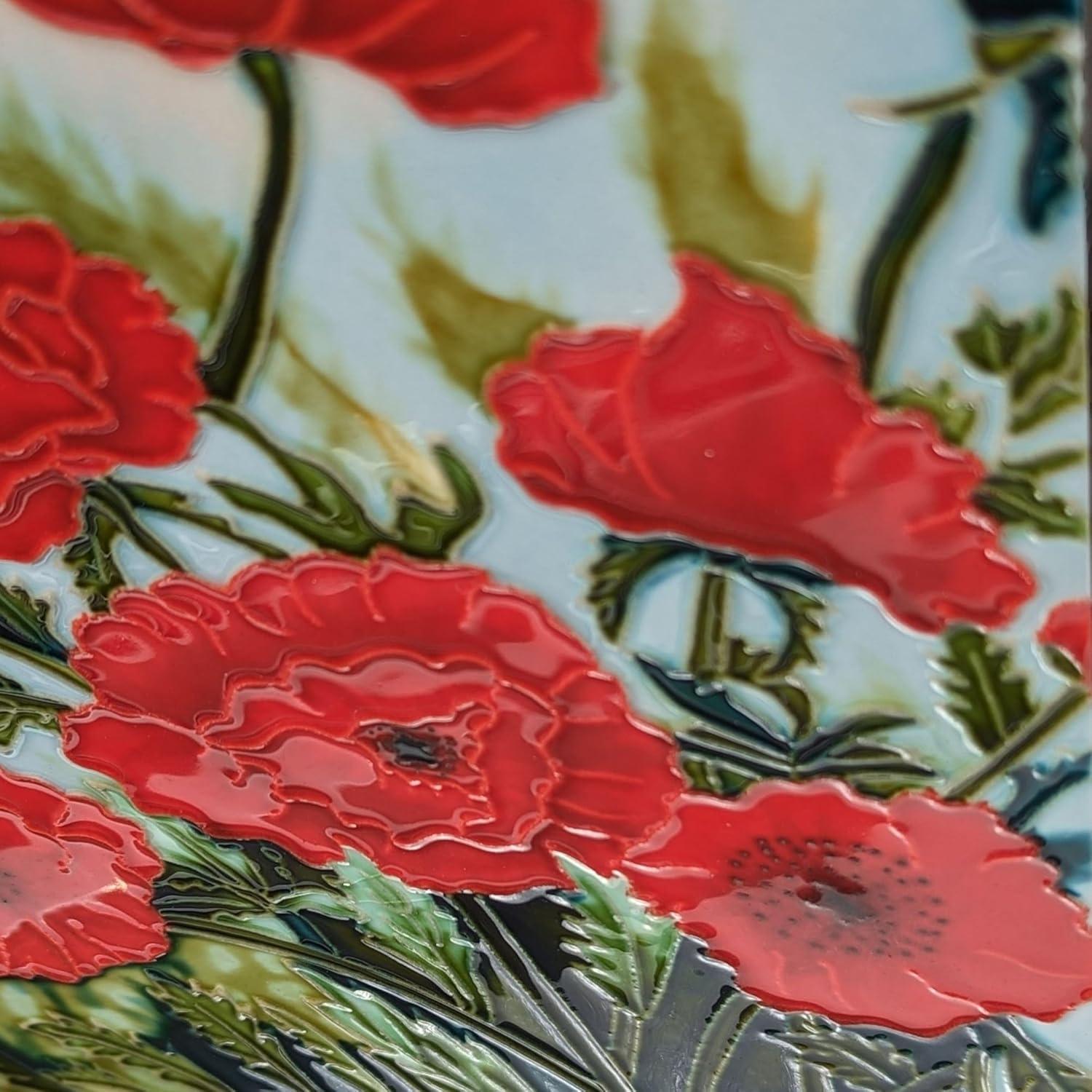 Benaya - Handcrafted Ceramic Art – Classic Poppies – 8" x 12" Tile - Home Decor