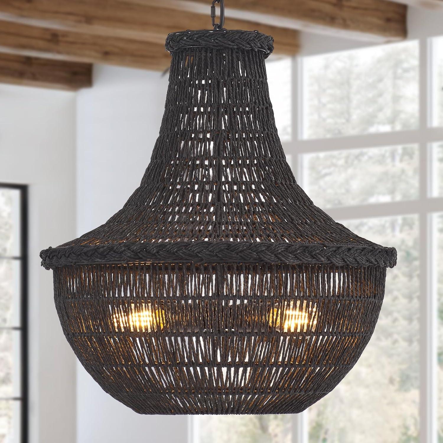 19.69" Boho Black Rattan Chandelier Vintage 4-Lights Farmhouse Hand-Woven Bamboo Basket Chandelier Light Fixture Rustic Wicker Rattan Chandeliers for Dining Room, Kitchen, Living Room
