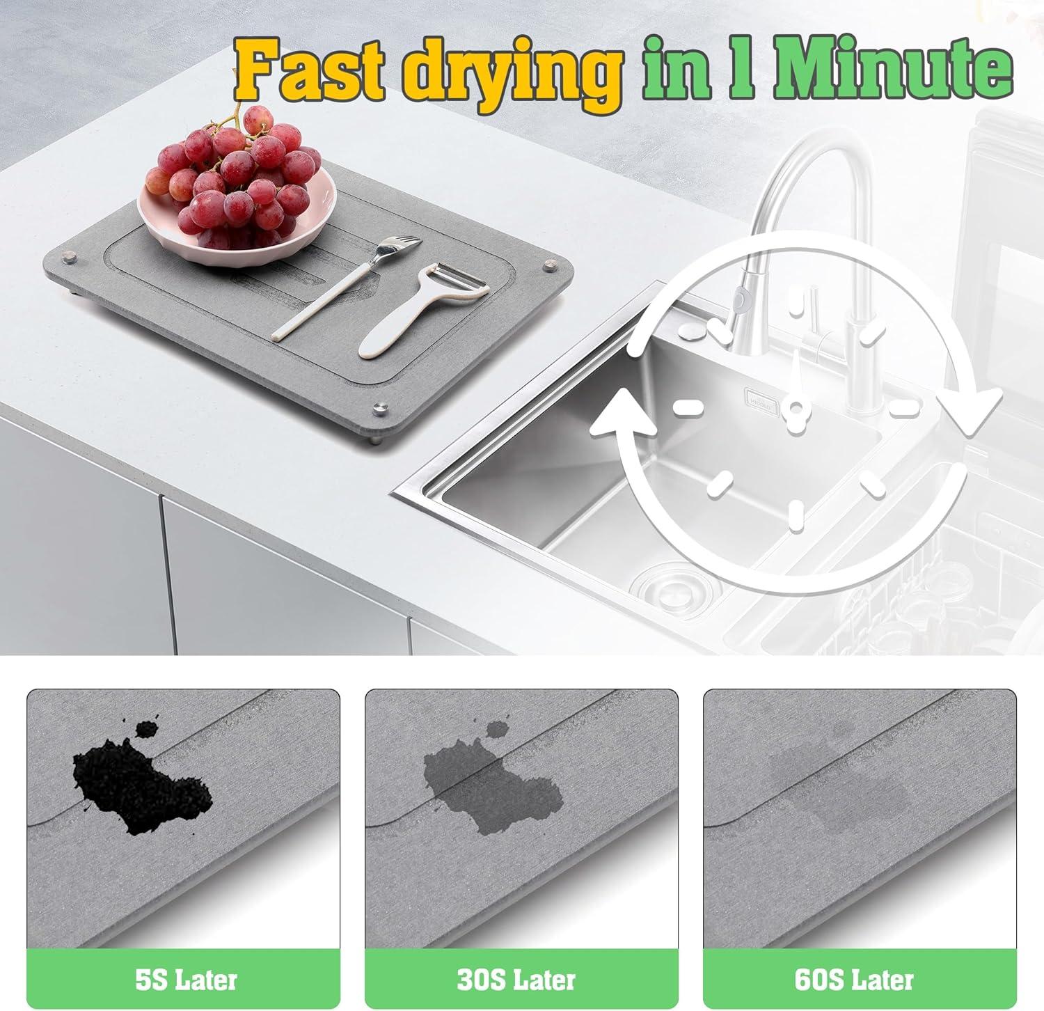 CSD Quick Drying Stone Mat for Kitchen Counter - Super Absorbent & Non Slip Dish Drying Mats - Diatomaceous Earth Sink Tray Mat - Drying Pad - 15.7 × 11.8 Inches