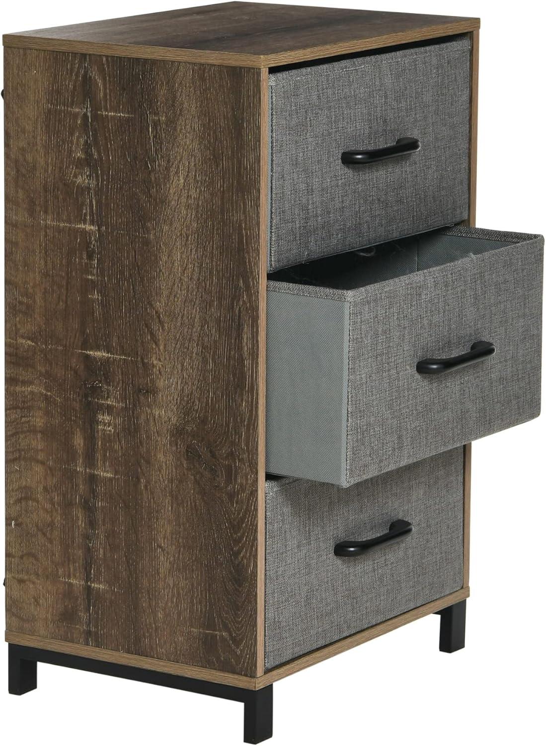 Household Essentials Dresser Nightstand Chest of Drawers Ashwood Rustic Wood Grain with 3 Grey Strorage Drawers