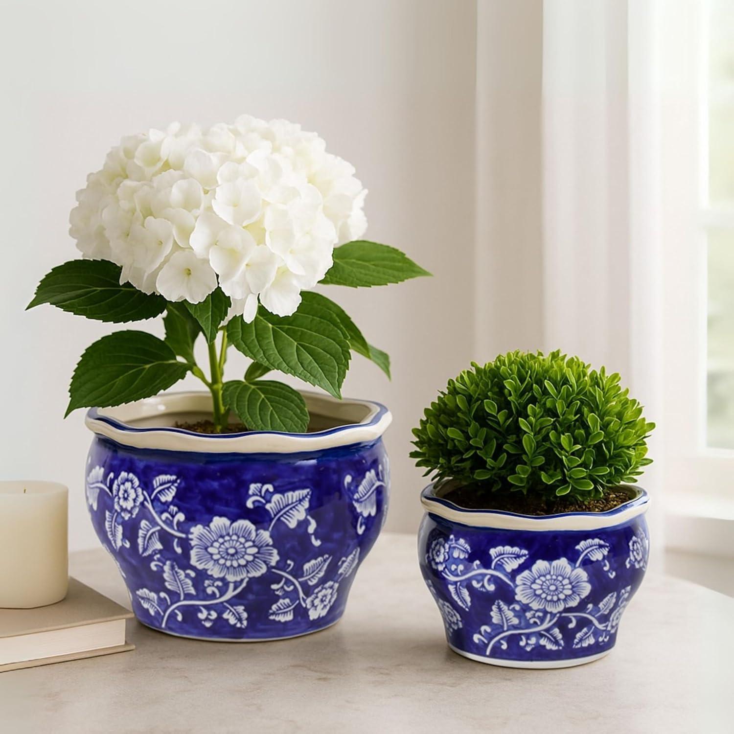 Sagebrook Home 2pc Chinoisere Ceramic Indoor Outdoor Planter Pots Blue/White: Hand-Painted, Rust-Resistant, No Assembly Required