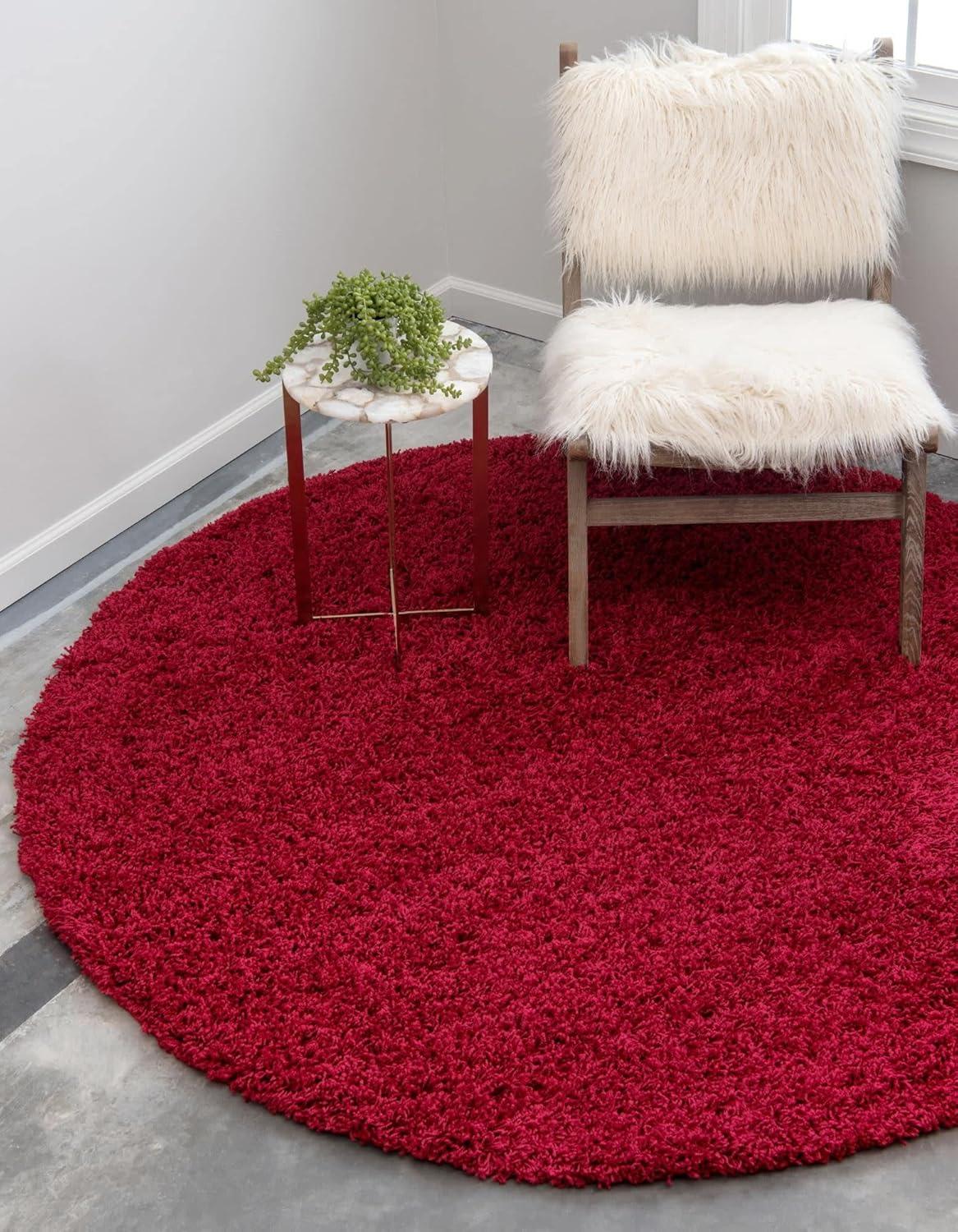 Luxe Cherry Red Round Shag Rug, Stain-Resistant & Washable