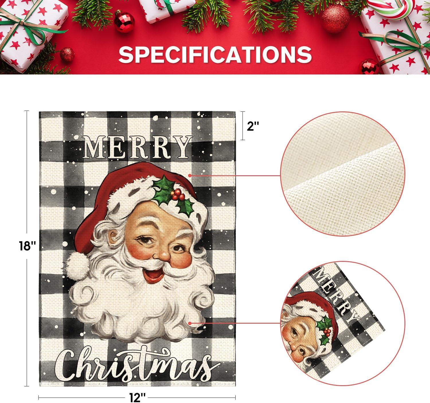 PHYHOO  Merry Christmas Santa Claus Garden Flag Double Sided, Watercolor Buffalo Plaid Winter Holiday Yard Outdoor Decorative Flag White