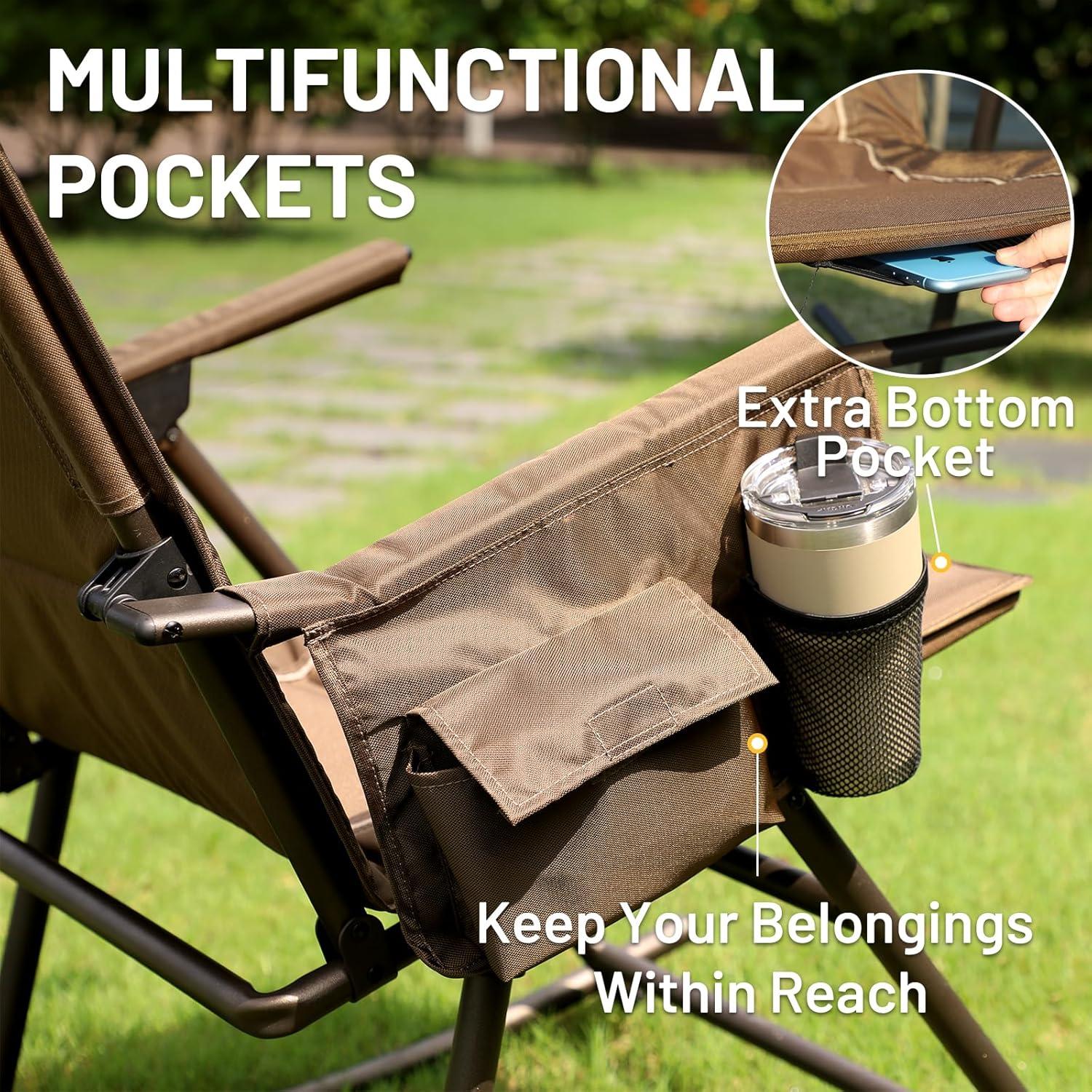 TIMBER RIDGE Folding Rocking Camping Chair, Padded High Back Outdoor Rocking Chair with Side Pocket, Portable Rocker Lawn Chairs for Adults, Heavy Duty Supports 300 LBS, Brown-1 Pack
