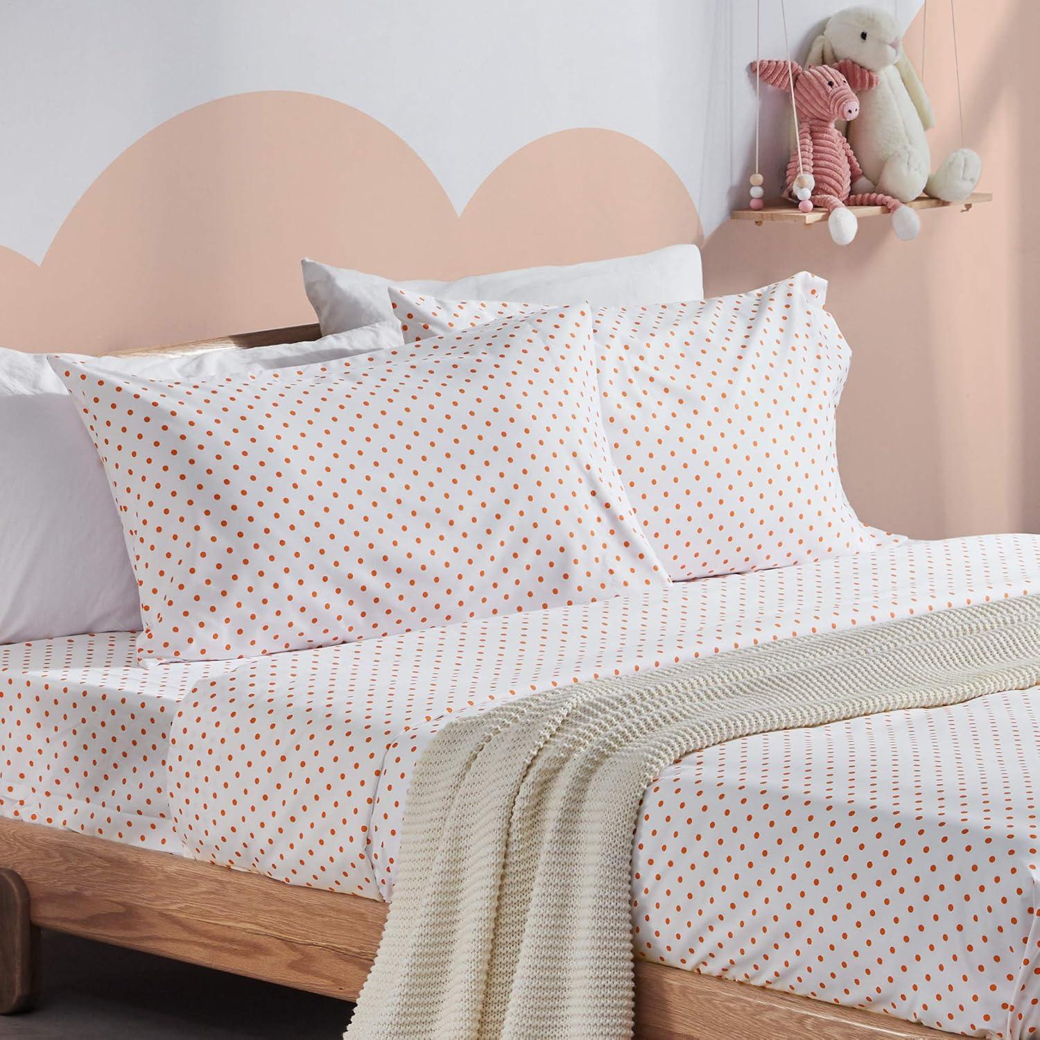 Twin White and Orange Polka Dot Microfiber Sheet Set