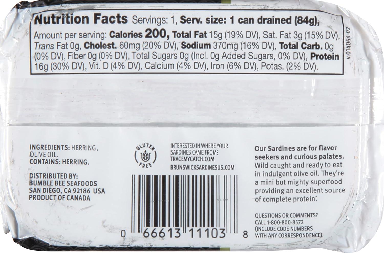 Brunswick Sardines in Olive Oil, 3.75 oz Can (Pack of 12) - Boneless Butterflied Sardine Fillets - Wild Caught - 16g Protein per Serving - Gluten Free, Keto Friendly