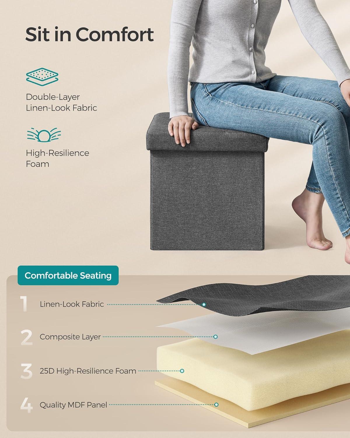 SONGMICS 15 Inches Folding Storage Ottoman Bench, Storage Chest, Foot Rest Stool, Bedroom Bench with Storage, Dark Gray