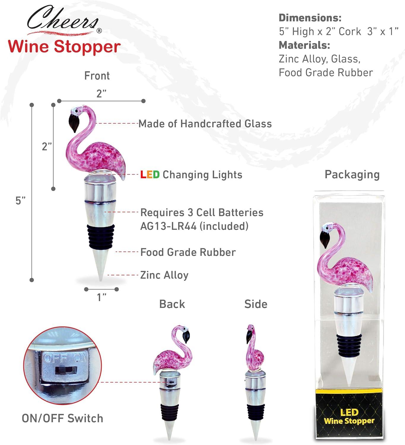 Pink Flamingo LED Glass Wine Bottle Stopper with Chrome Base