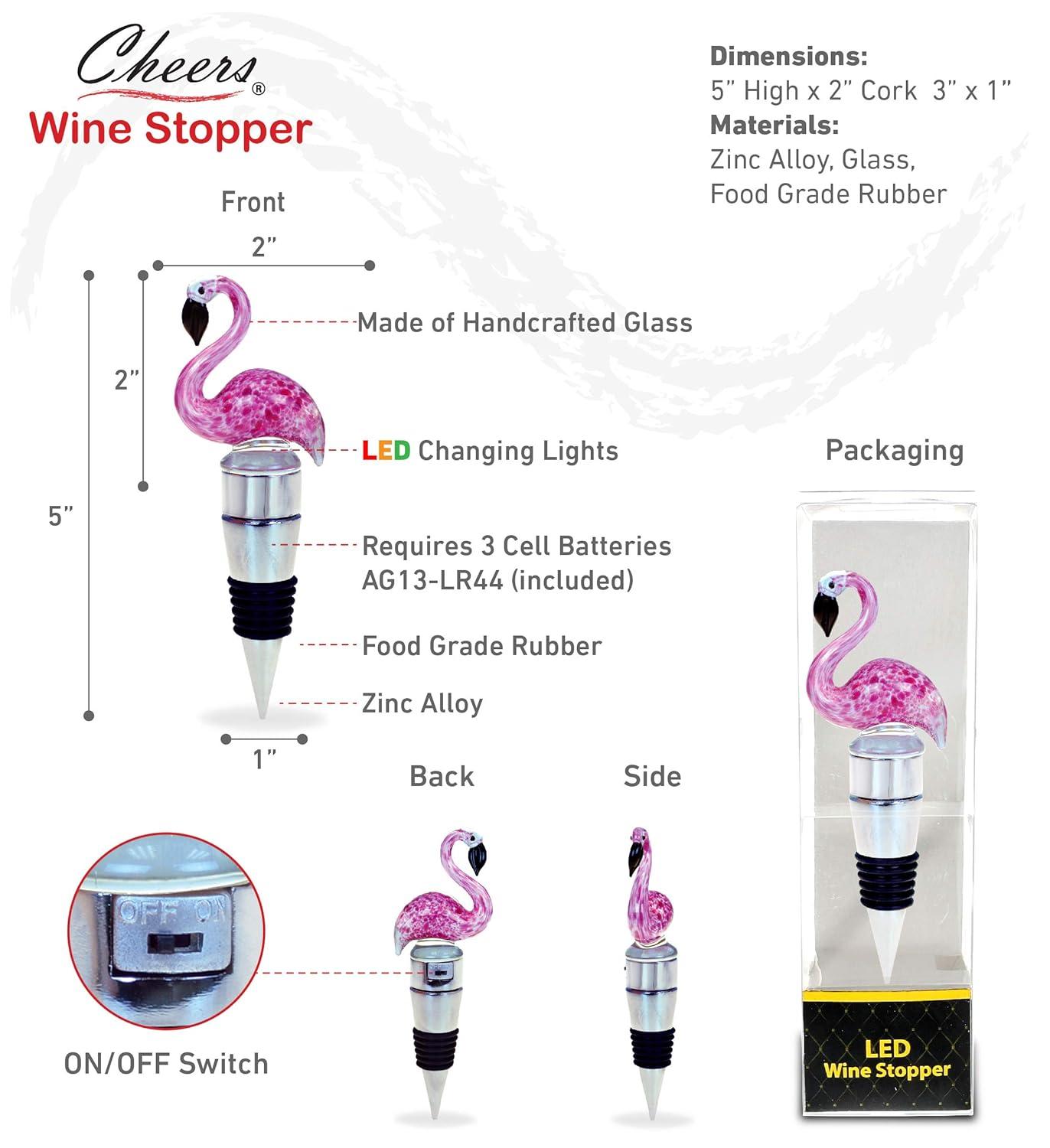 Pink Flamingo LED Glass Wine Bottle Stopper with Chrome Base