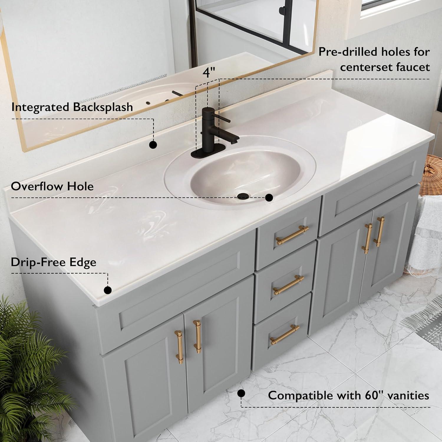 61 Inch Cultured Marble Vanity Top with Backsplash, Improved Package