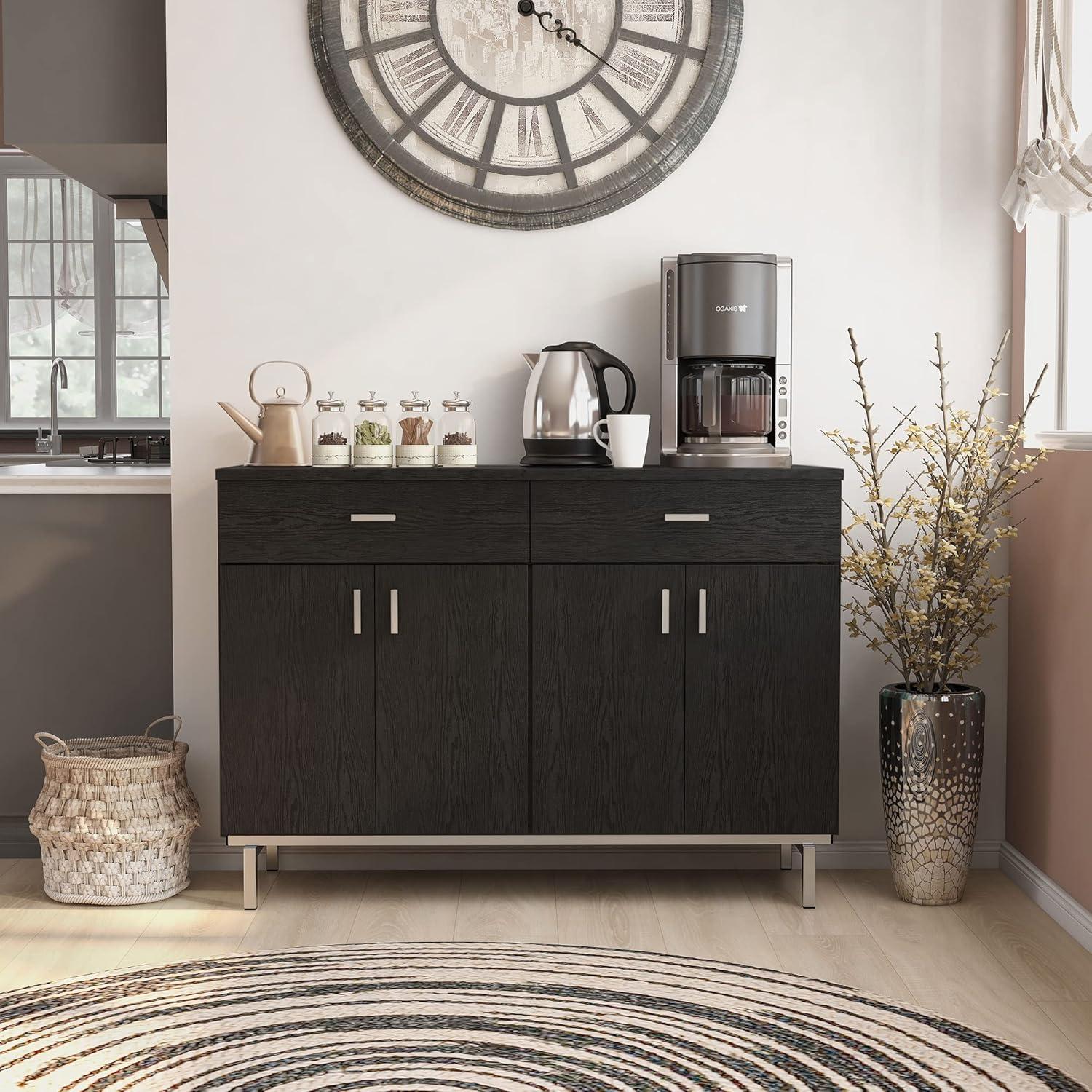 Black and Chrome Modern Buffet with Wine Rack and Storage