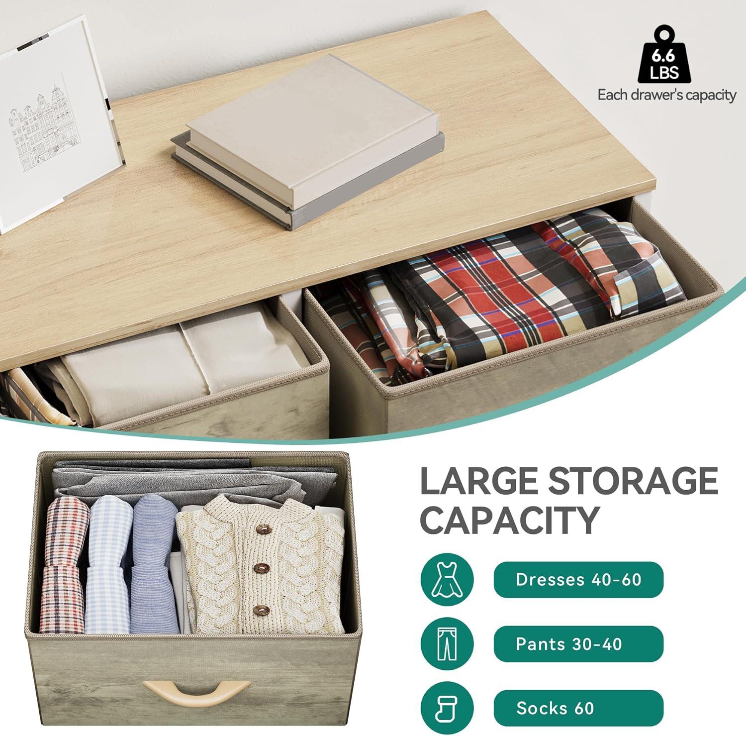 YITAHOME Wide Chest of Drawers, Dresser with 5 Drawers, Oak Greige Fabric Storage Tower, Dresser for Bedroom with 5 Drawers, Living Room, Closets - Sturdy Steel Frame, Wooden Top