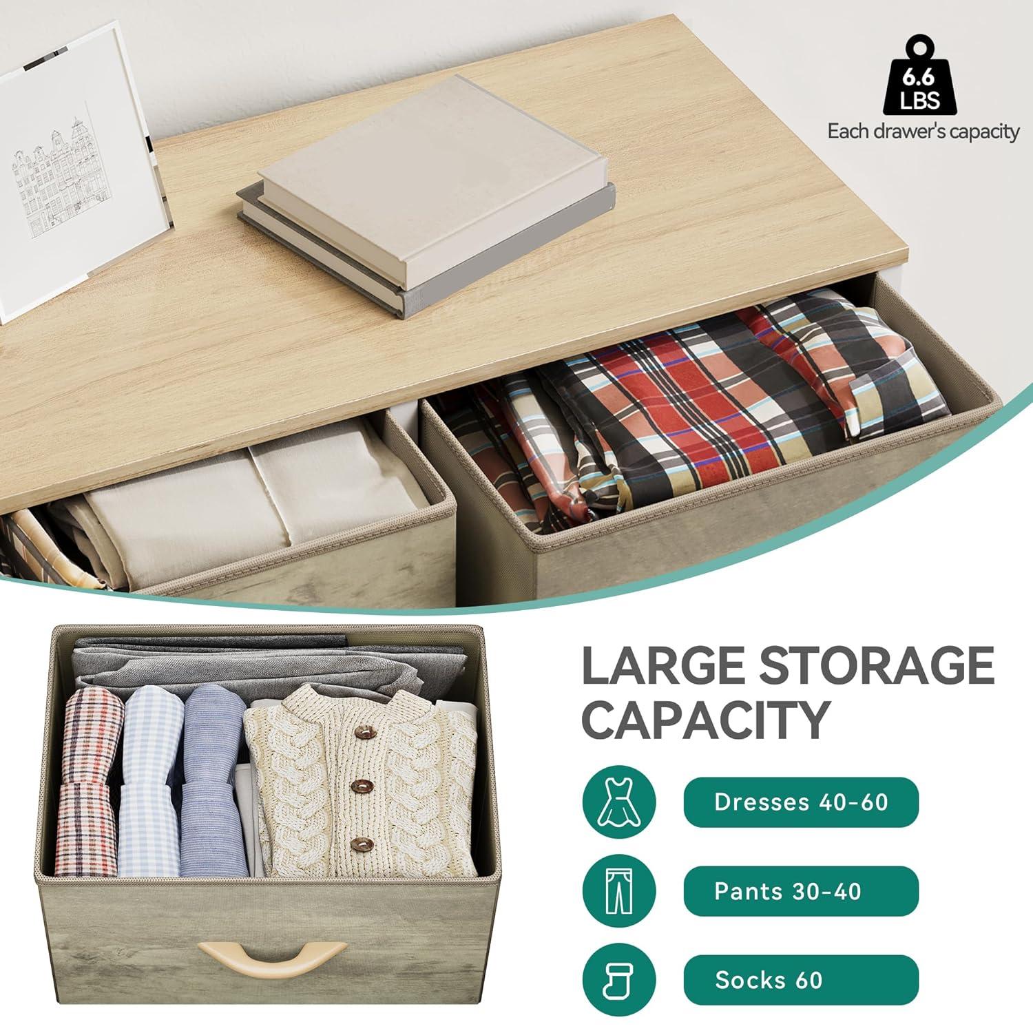 YITAHOME Wide Chest of Drawers, Dresser with 5 Drawers, Oak Greige Fabric Storage Tower, Dresser for Bedroom with 5 Drawers, Living Room, Closets - Sturdy Steel Frame, Wooden Top