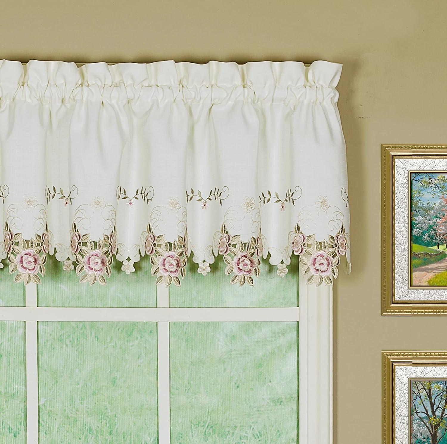 Today's Curtain Verona Reverse Embroidery Valance, 14", Ecru/Rose, 60" W X 14" L