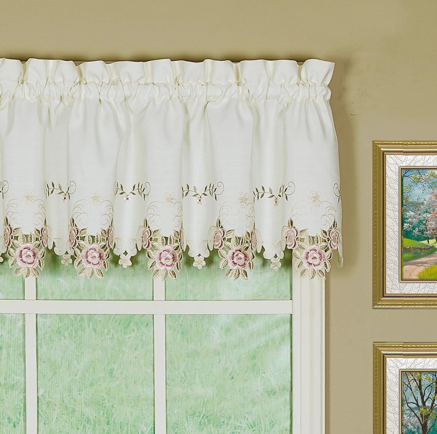 Today's Curtain Verona Reverse Embroidery Valance, 14", Ecru/Rose, 60" W X 14" L