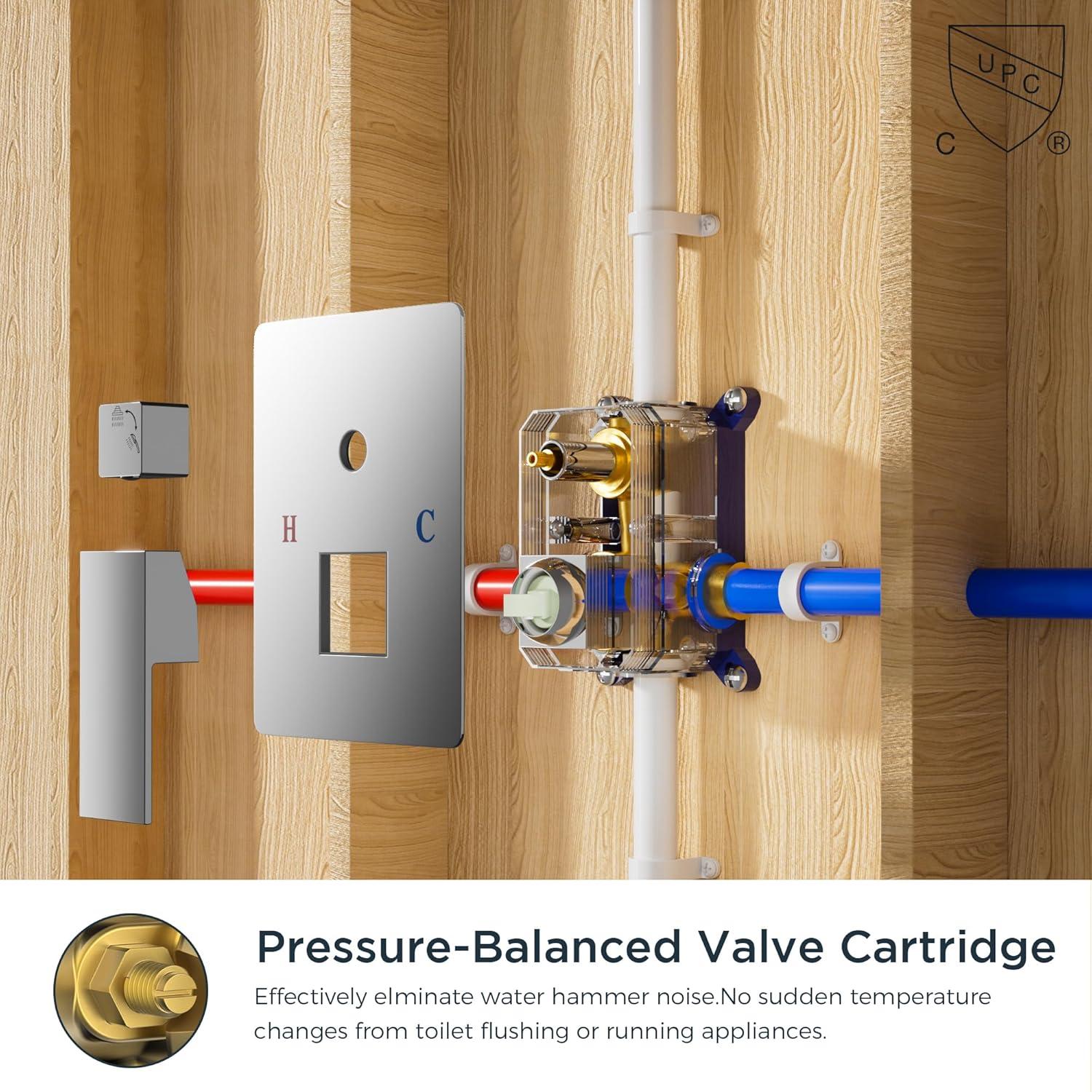 FORIOUS Shower Head System, 12 Inch Rain Shower Faucet Set with Handheld Spray Combo Rough-in Valve, Solid Brass Pressure Balanced Valve Trim Kit, Ceiling Mount, Chrome