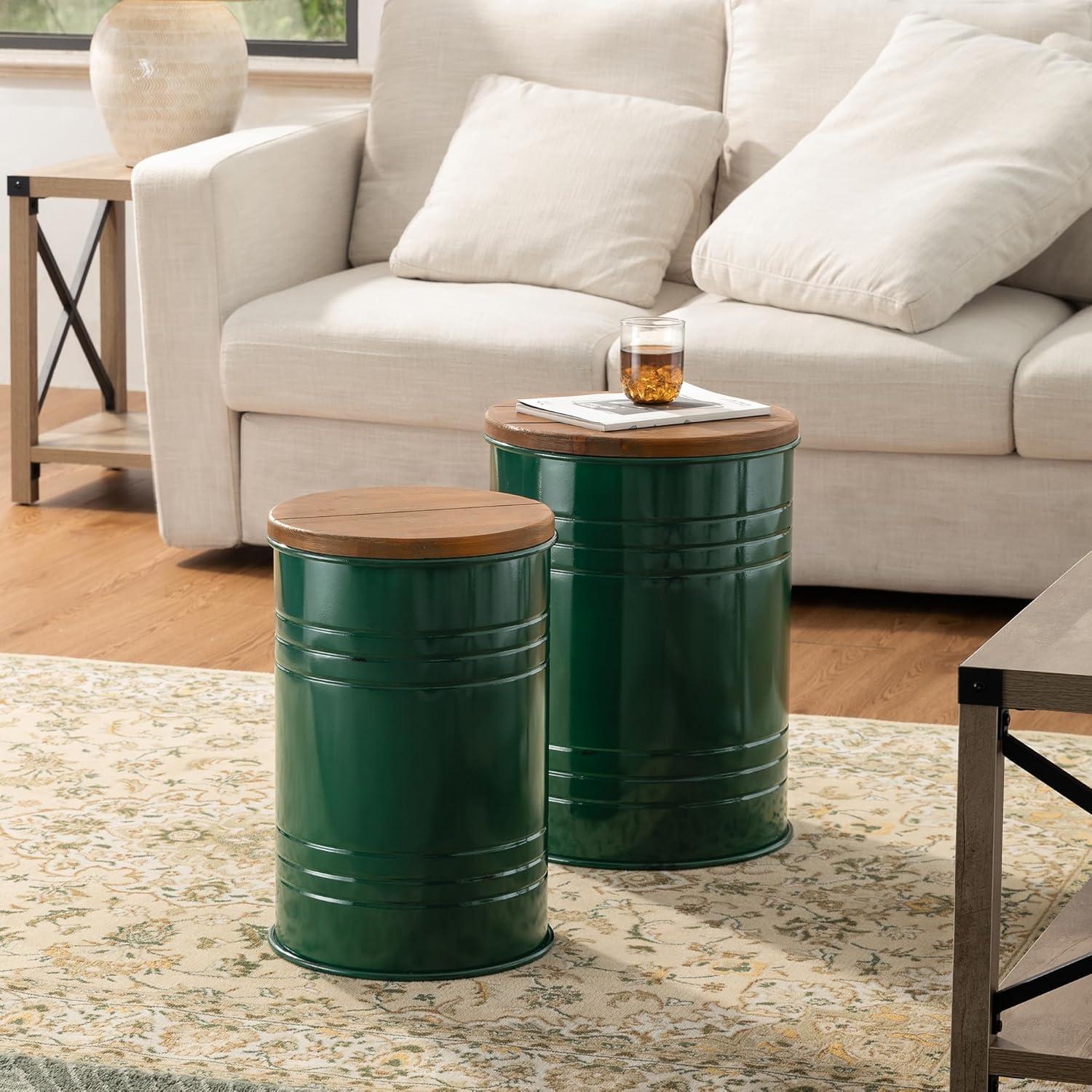 Glitzhome Rustic End Table Set of 2, Farmhouse Galvanized Metal Barrel Ottoman Storage Stool with Round Wood Lid for Living Room Furniture, Hunter Green