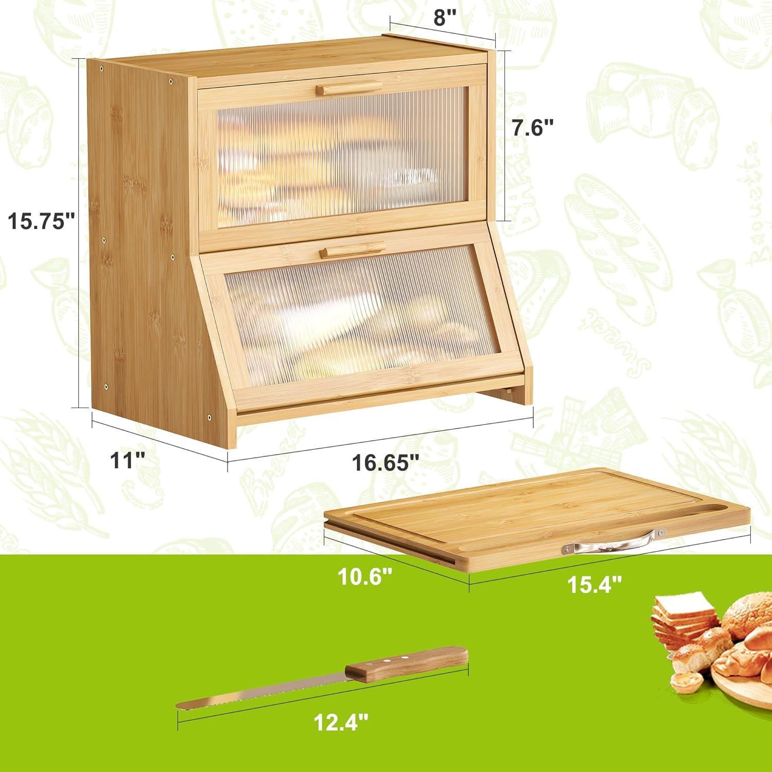 Natural Bamboo Double-Layer Bread Box with Frosted Glass