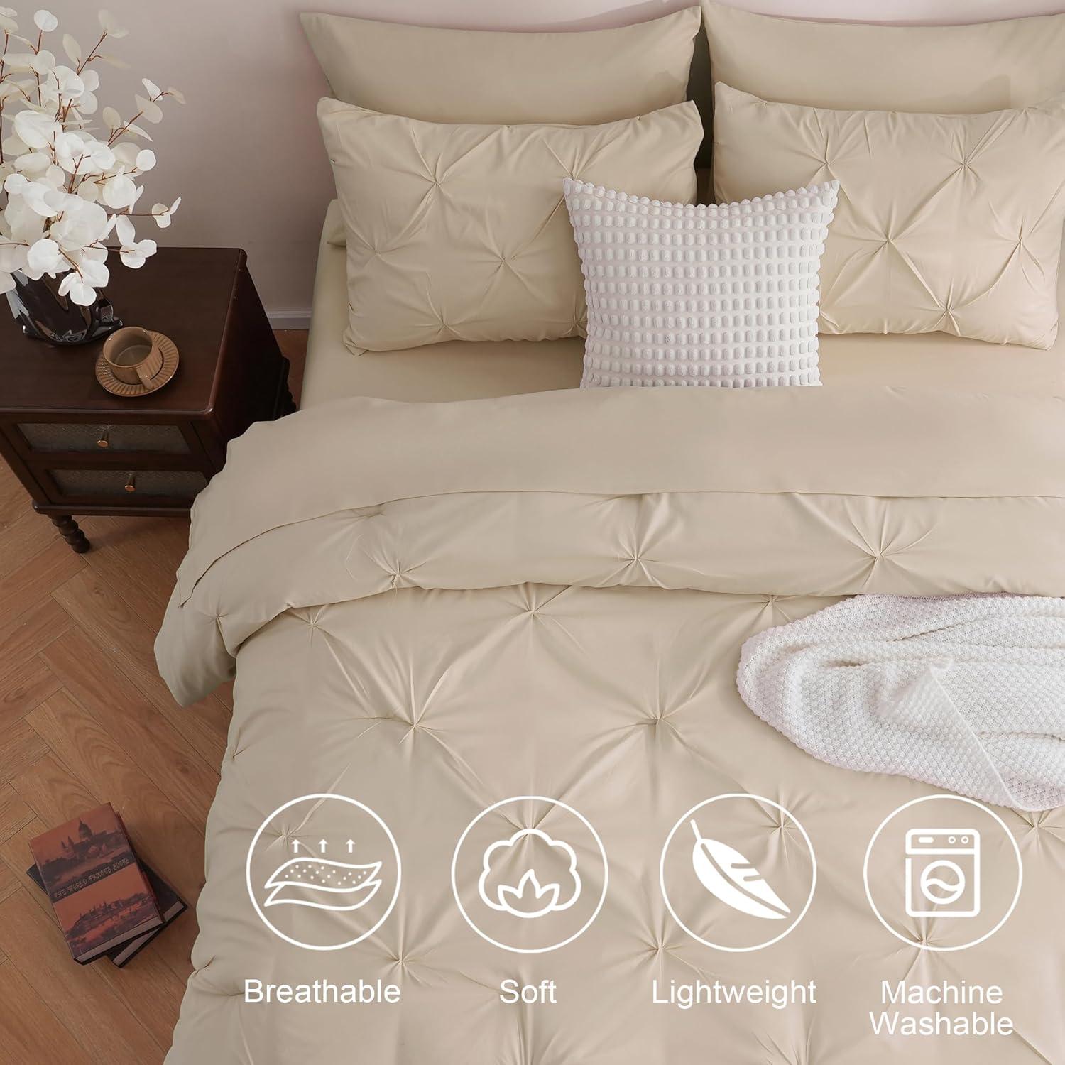 CozyLux Beige Comforter Set Queen 7 Pieces Bed in A Bag Cream Off White Pintuck Comforters Queen Size Pinch Pleat Bedding Sets with All Season Comforter, Flat Sheet, Fitted Sheet and Pillowcases&Shams