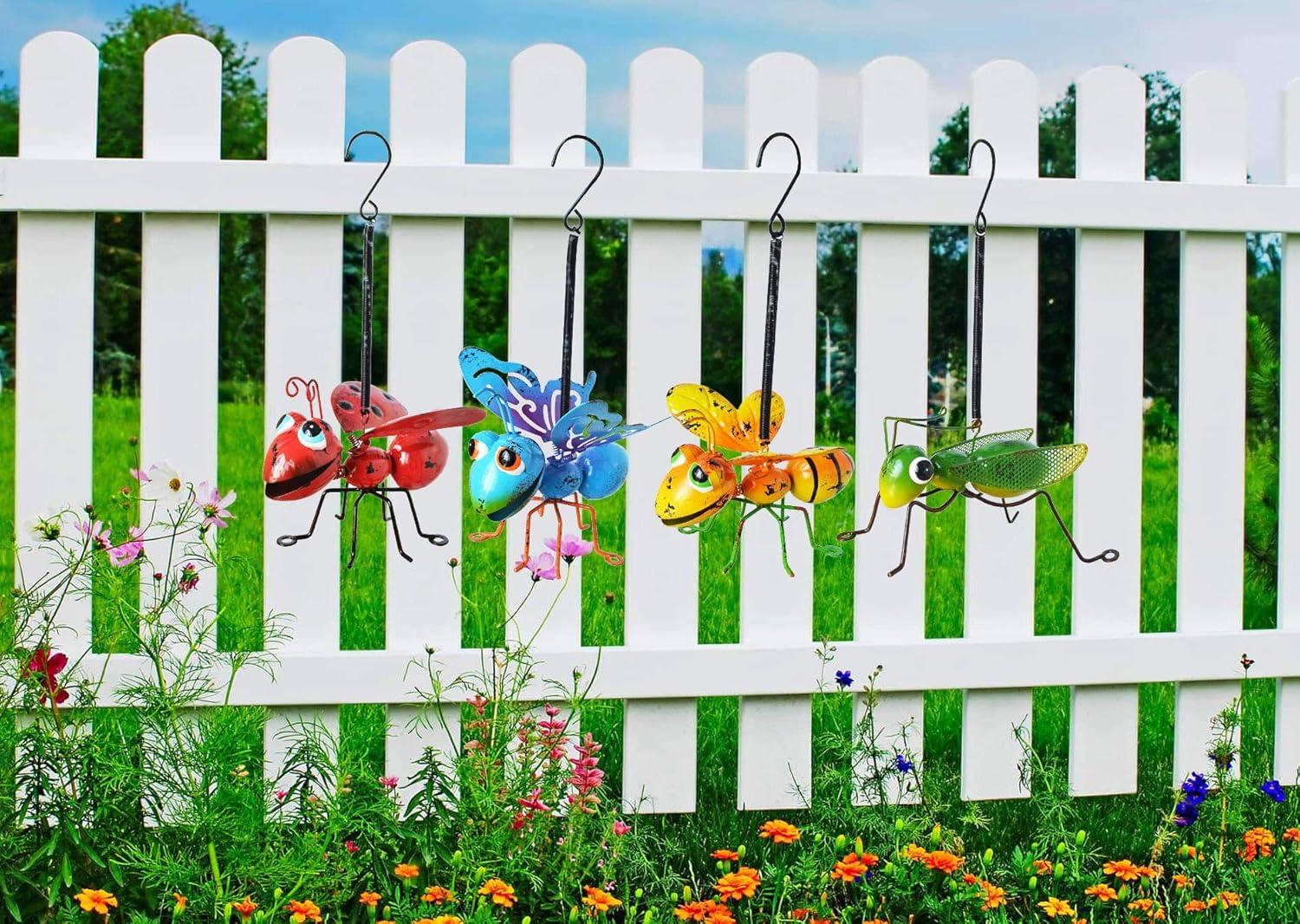 GIFTME 5 Metal Garden Yard Art Hanging Decoration Set of 4 Include Yellow Bee Blue Butterflies Red Ladybug and Green Mantis Perfect The Tree, Porch,Patio or Garden Hanging Wall Sculpture