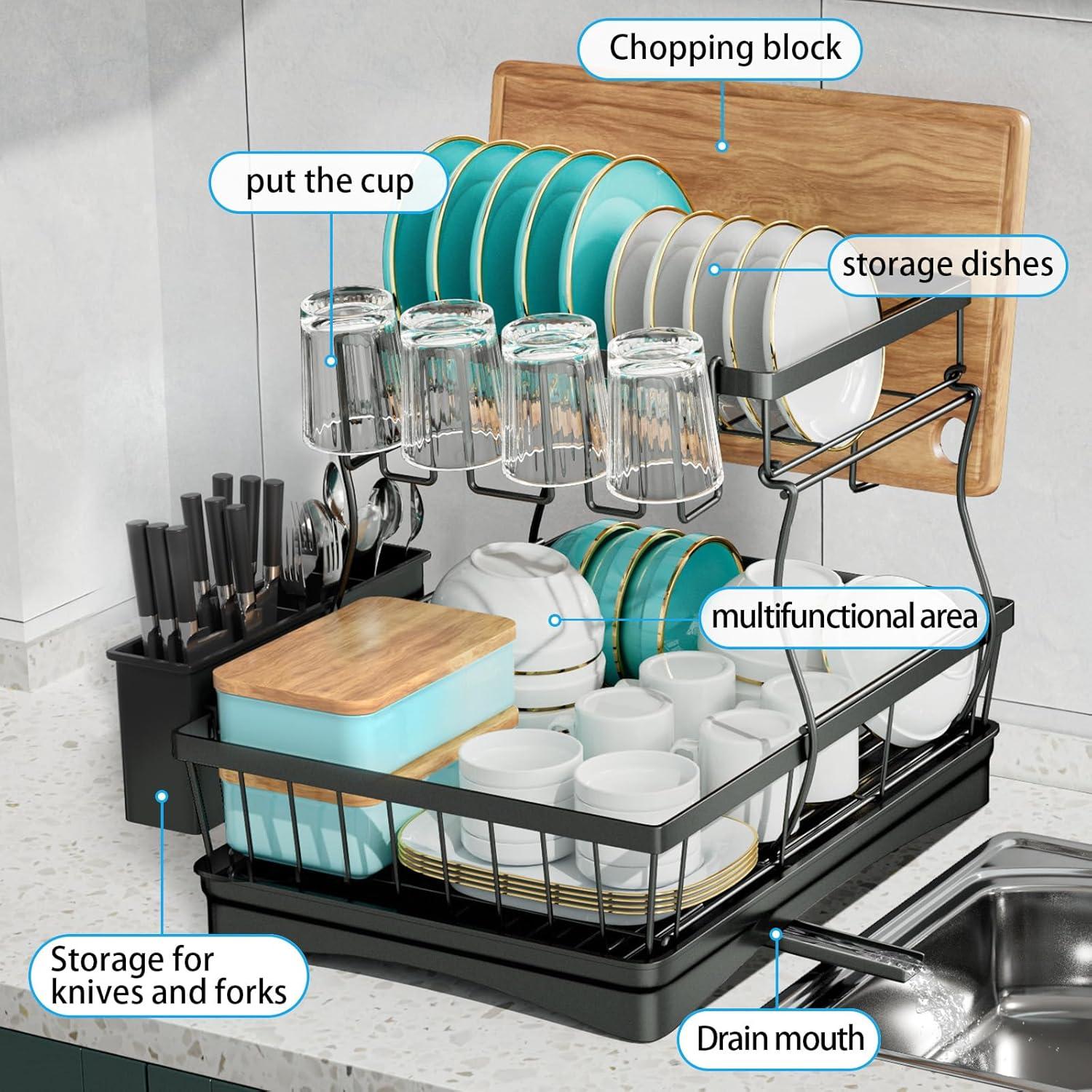 iSPECLE Dish Drying Rack with Drainboard - Dish Racks for Kitchen Counter, Rust-Resistant Compact Dish Drainer with Utensil Holder, Drain Spout and High Feet on Drip Tray, Black