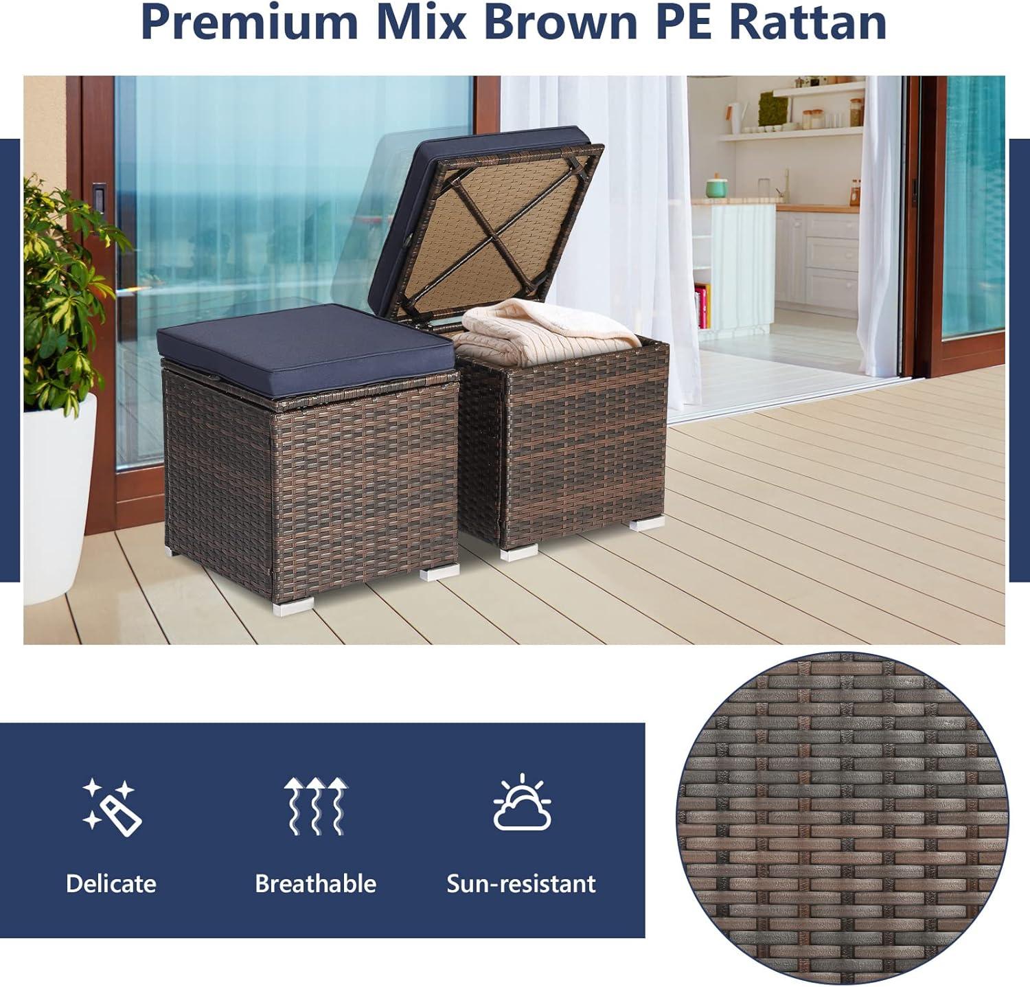 Navy Cushioned PE Rattan Storage Ottomans Set